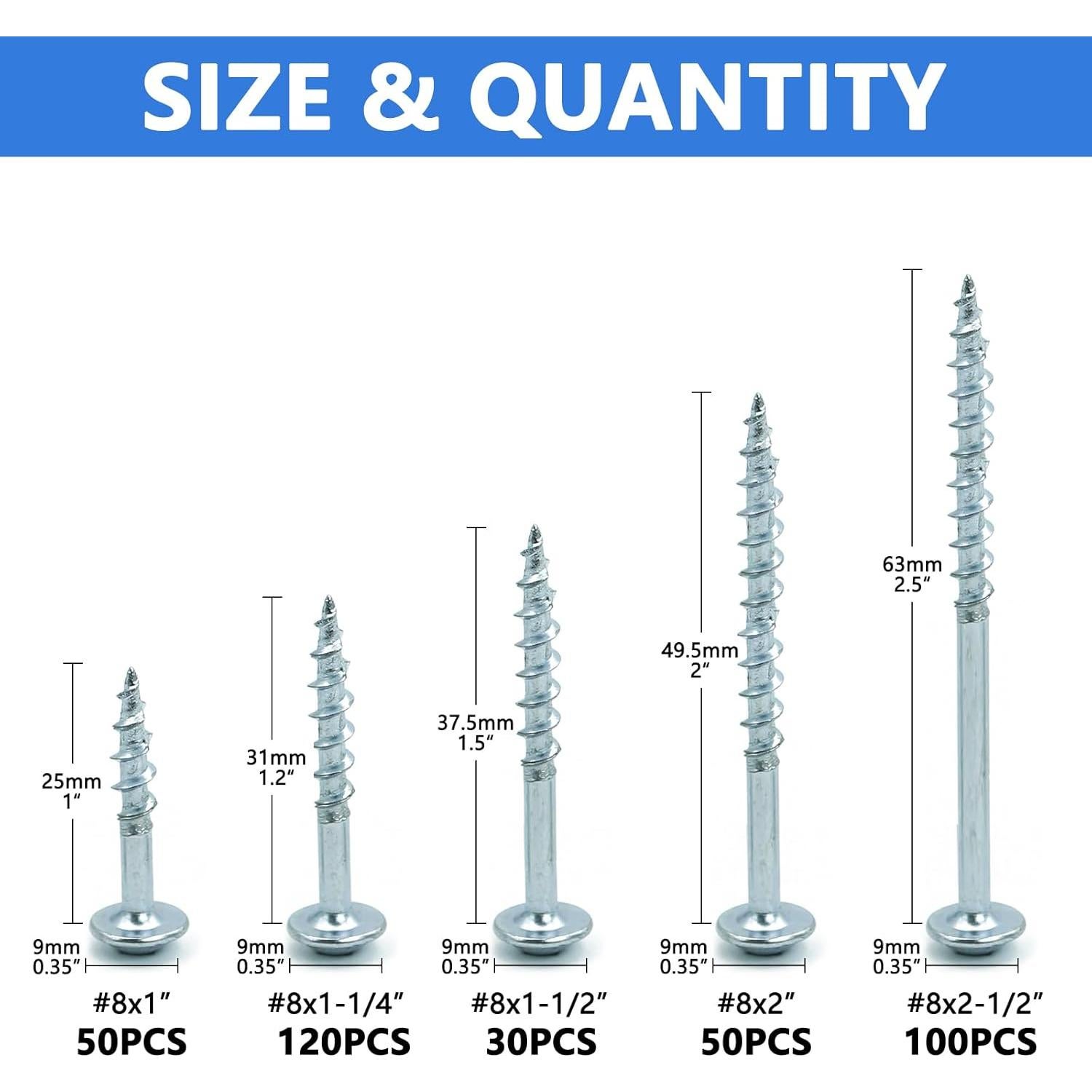 Kit de Tornillos Pocket 350 PCS Jovlalis #8 Recubiertos Zinc