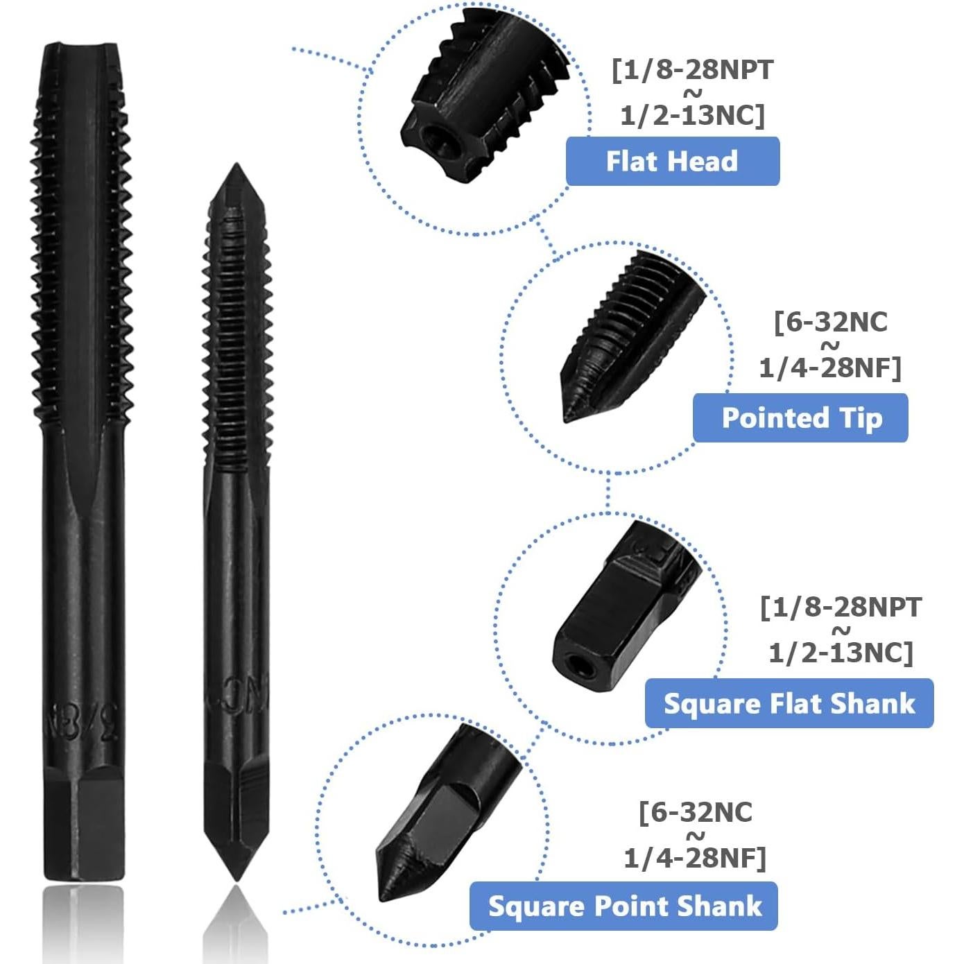 Juego de Machos de Rosca HSS Mesee 14 Piezas SAE 6-32NC a 1/2-13NC