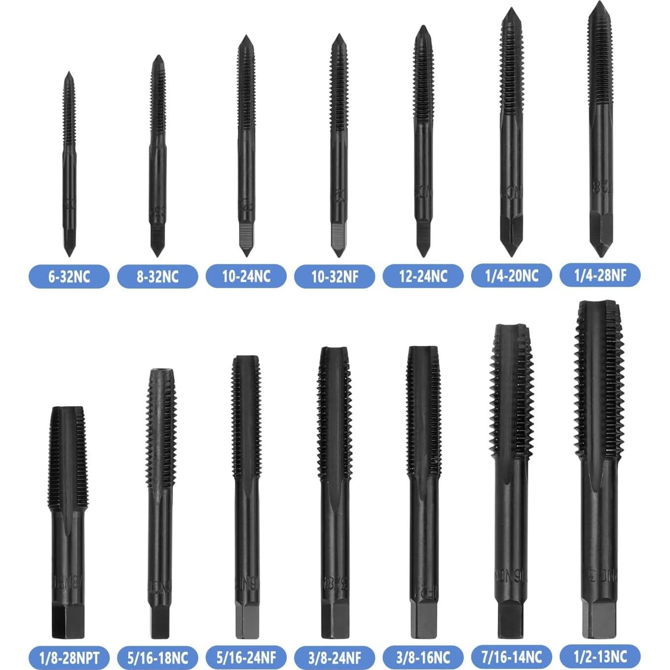 Juego de Machos de Rosca HSS Mesee 14 Piezas SAE 6-32NC a 1/2-13NC