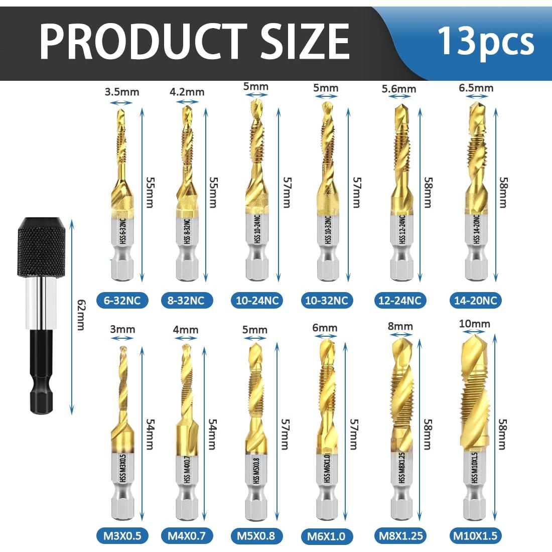 Juego de Brocas y Machos HSS 13pcs BeQell con Titanio