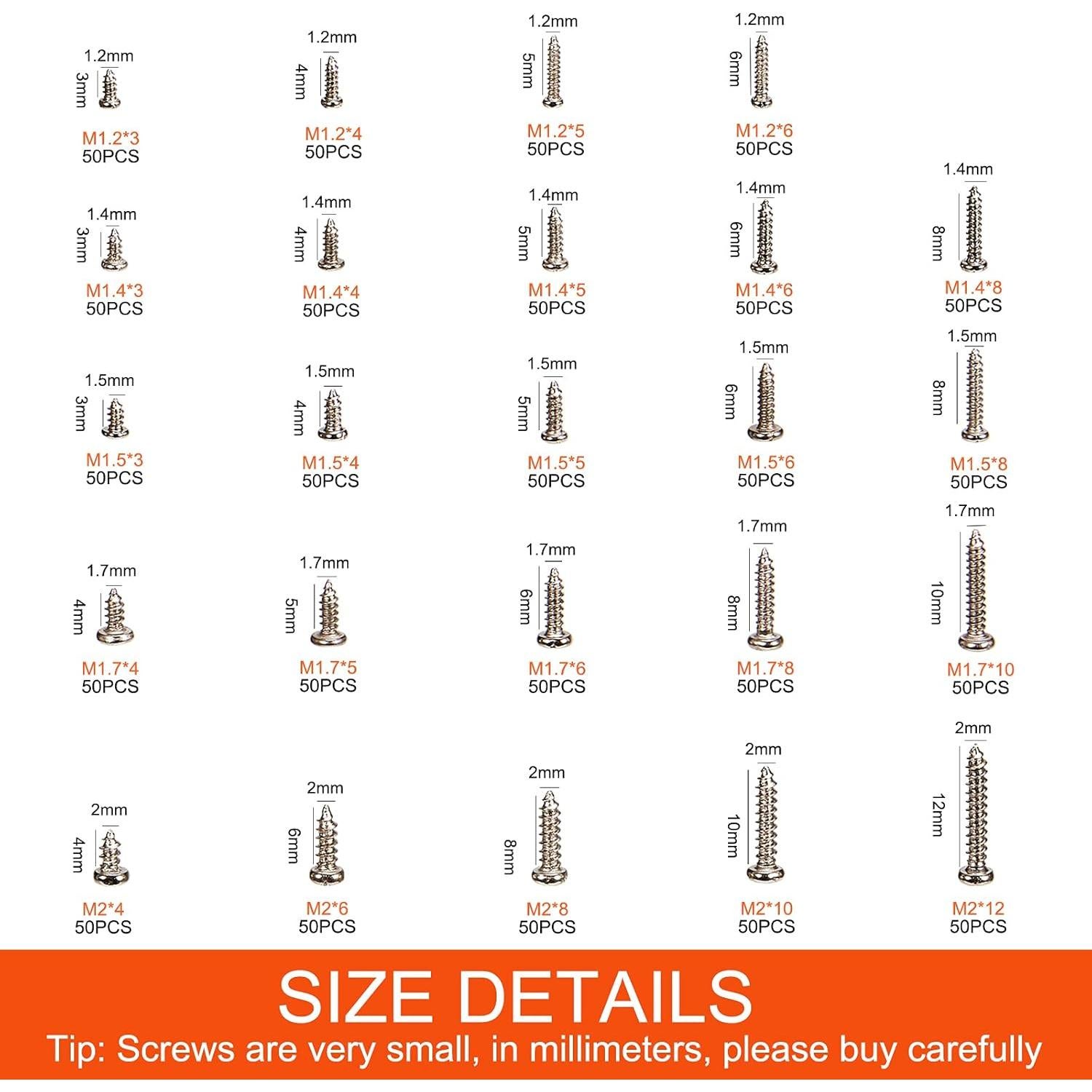 Kit de Tornillos M1.2 a M2 - 1100 Pcs - Acero Niquelado