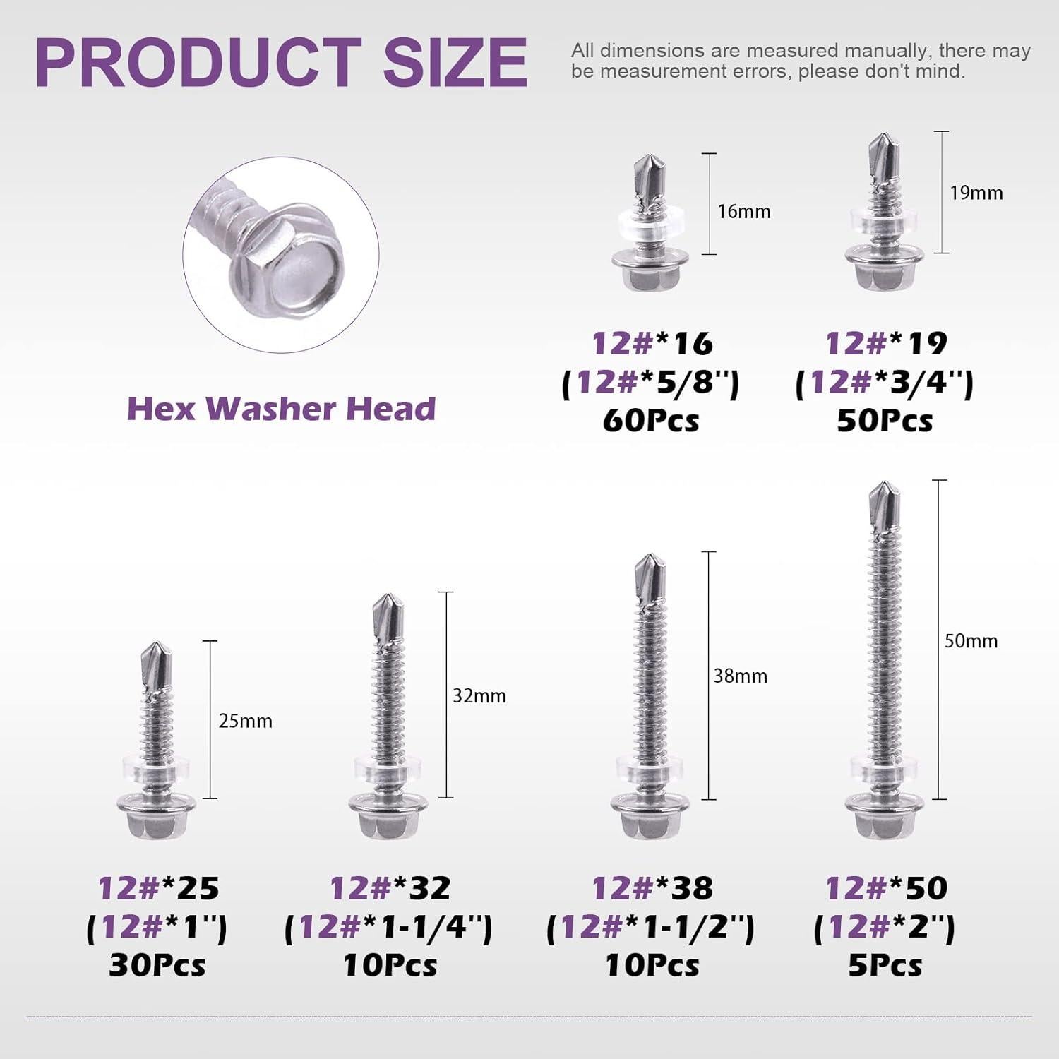 Kit de Tornillos Autoperforantes Swpeet 165Pcs Acero Inoxidable #12