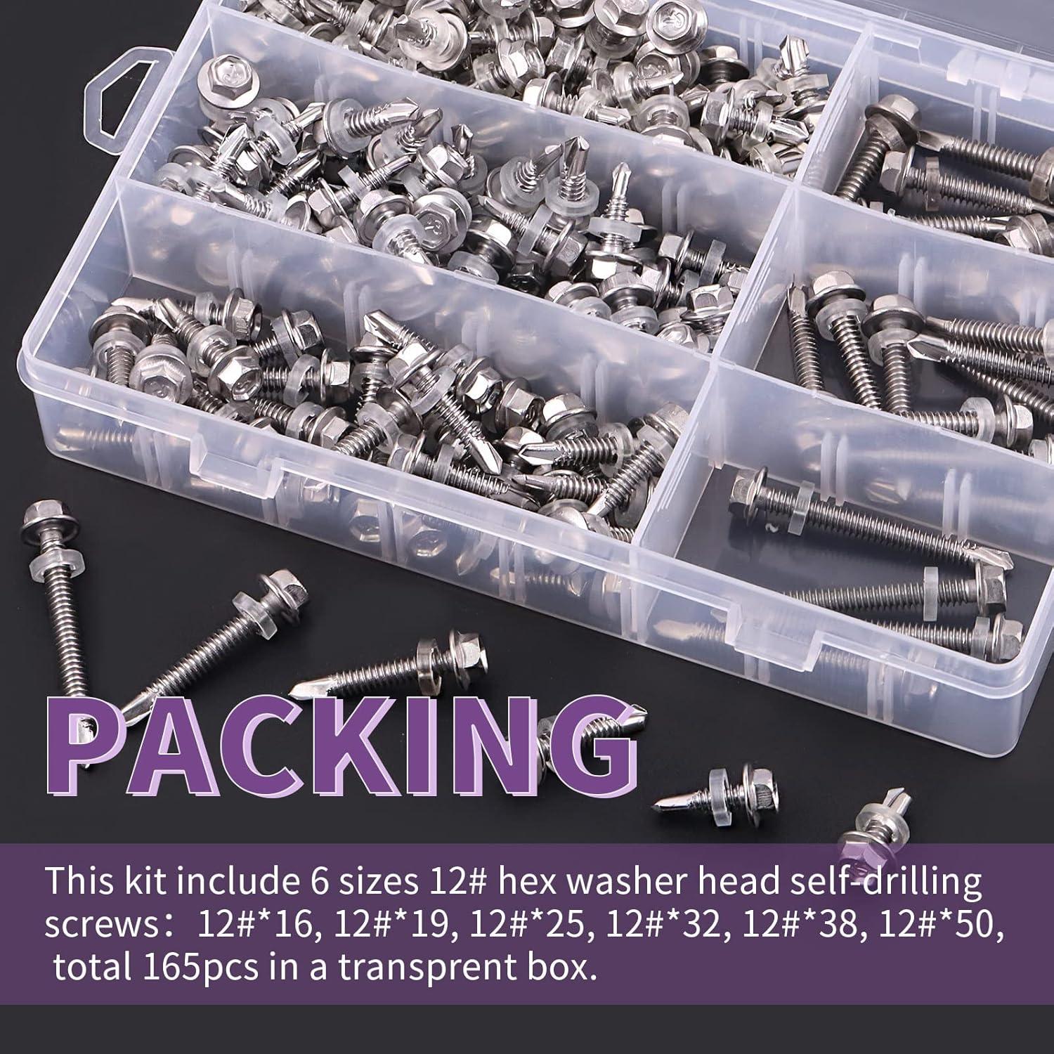 Kit de Tornillos Autoperforantes Swpeet 165Pcs Acero Inoxidable #12