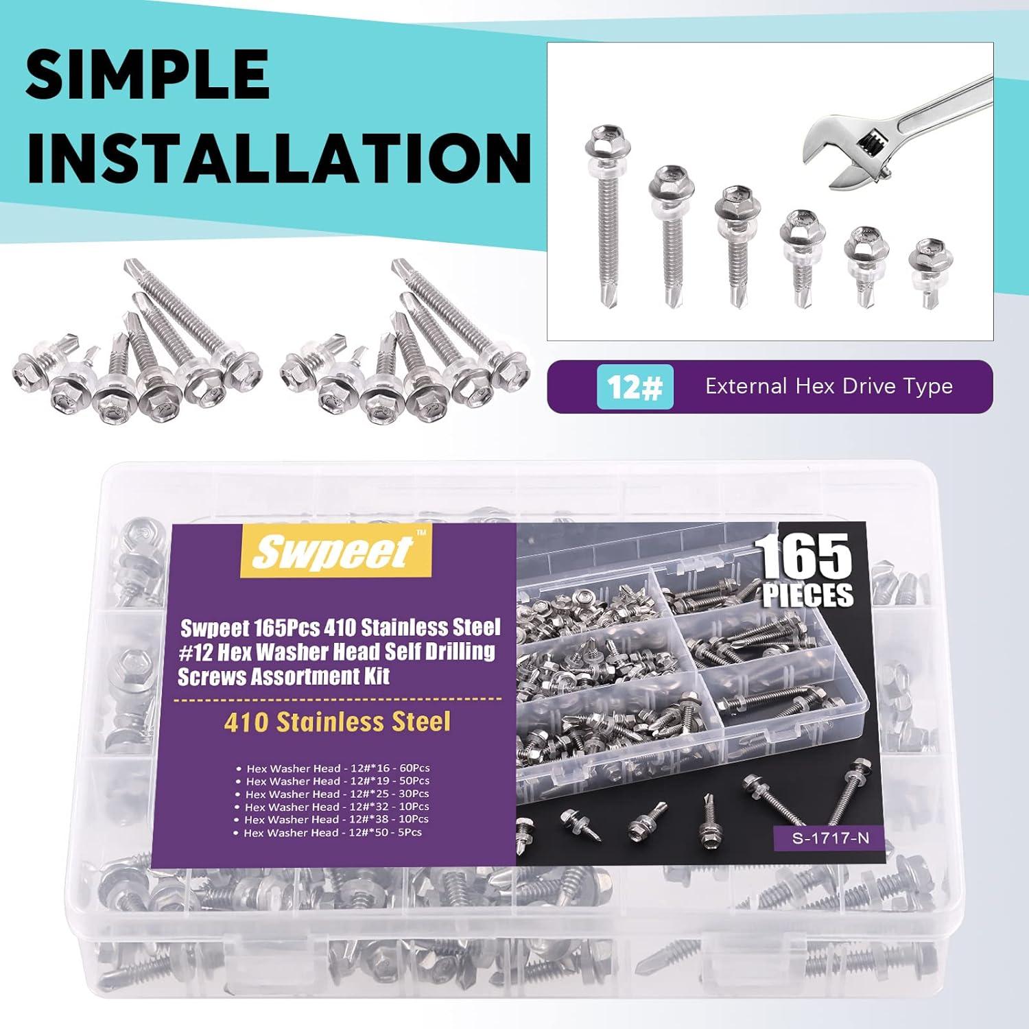 Kit de Tornillos Autoperforantes Swpeet 165Pcs Acero Inoxidable #12