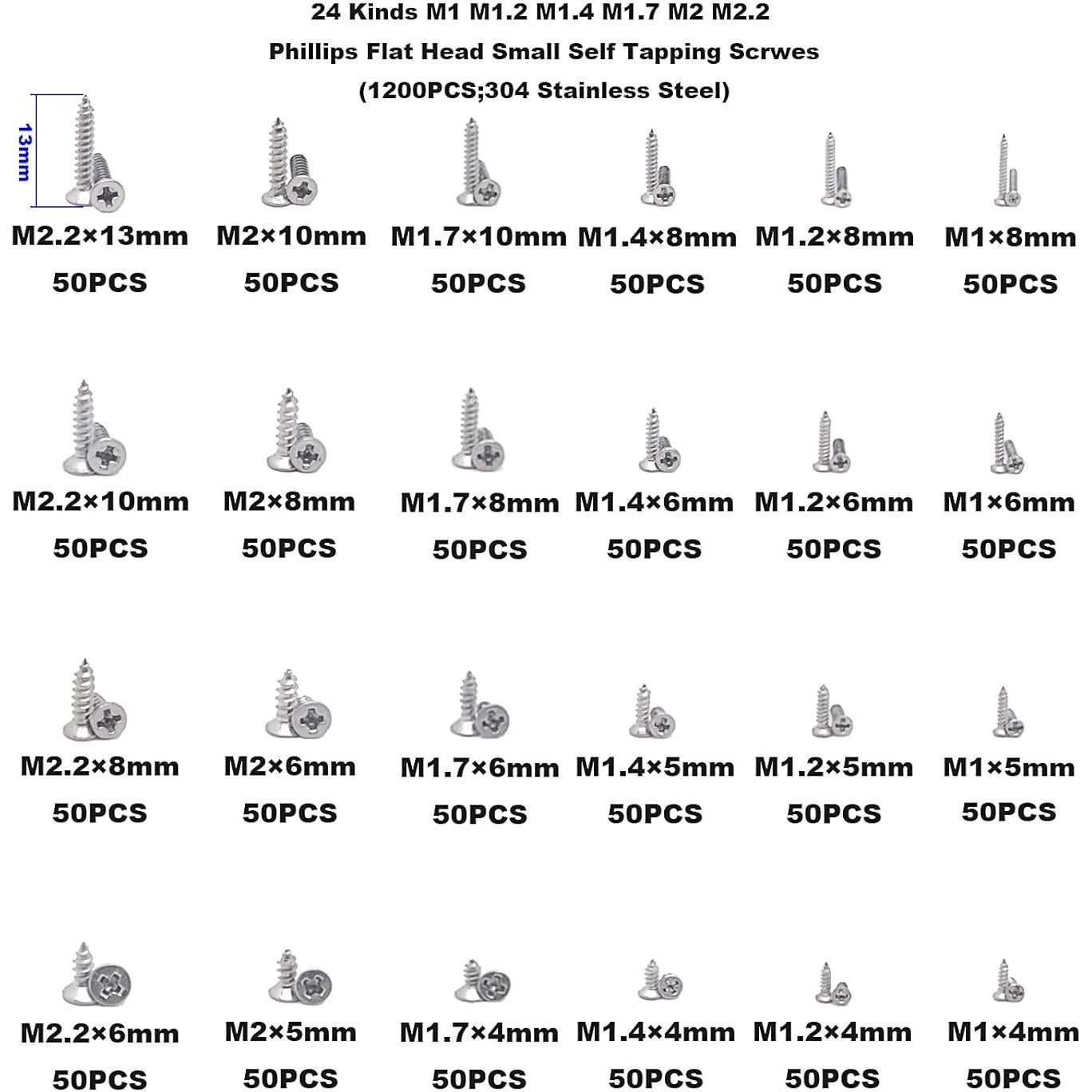Kit de Surtido 1200 Tornillos Autoperforantes HVAZI M1 M2.2