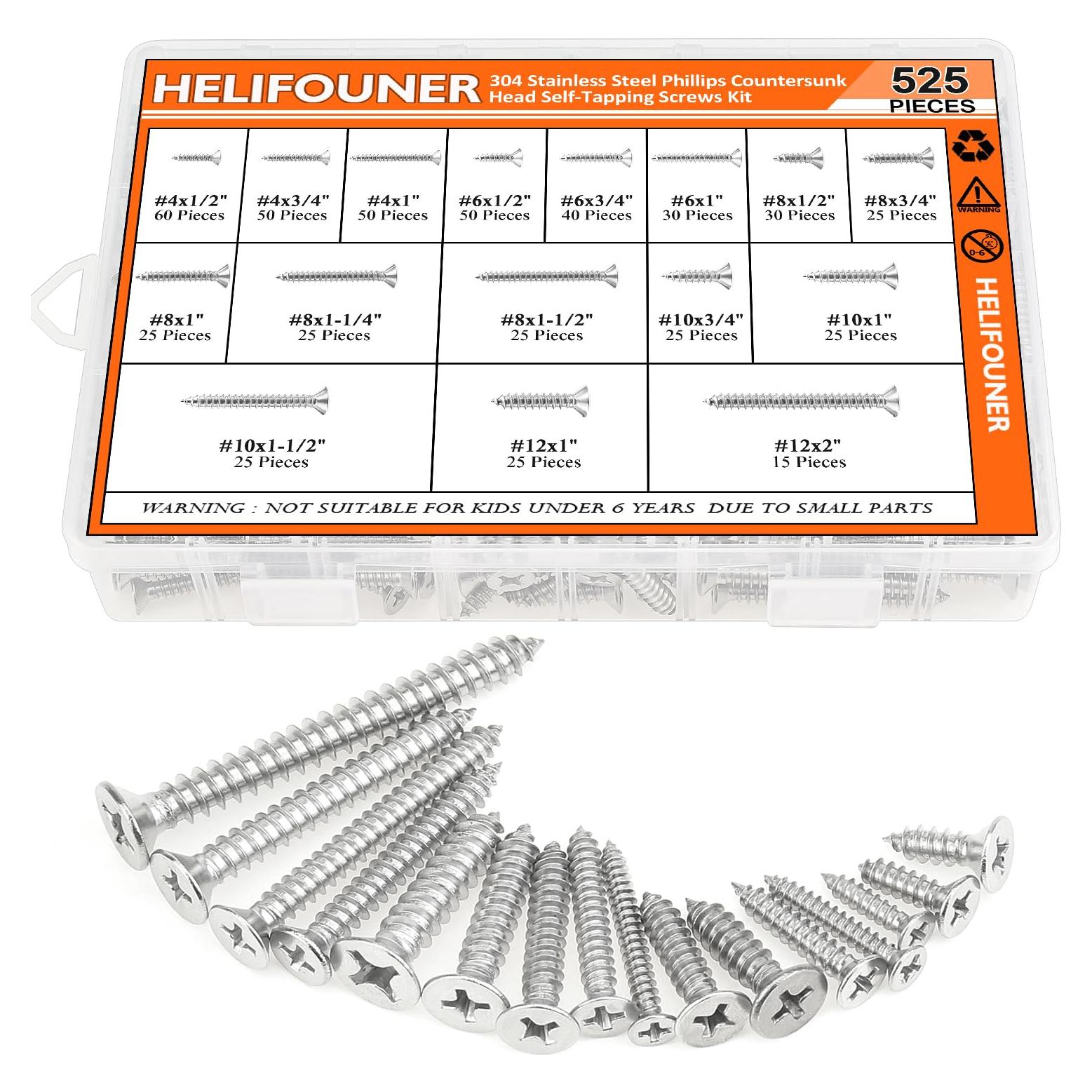 Set de 525 Tornillos de Madera HELIFOUNER Acero Inoxidable