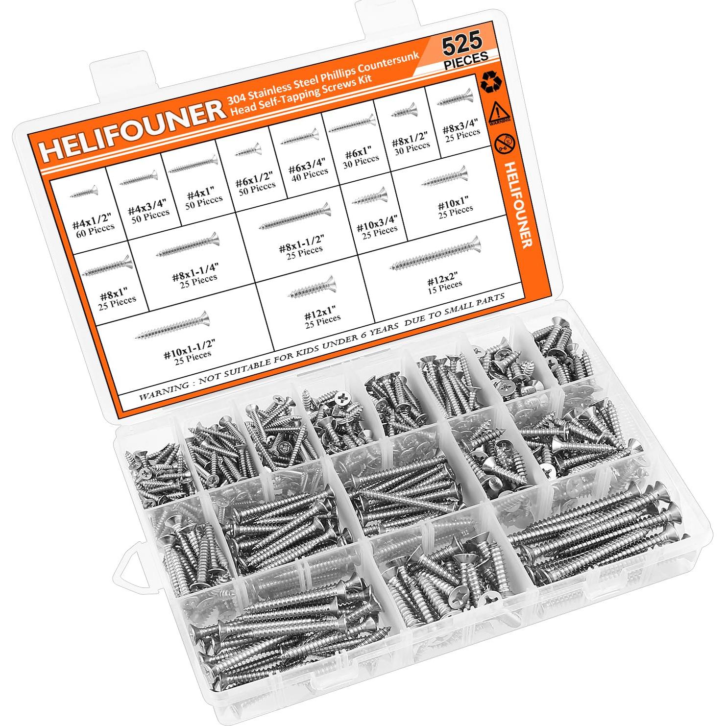 Set de 525 Tornillos de Madera HELIFOUNER Acero Inoxidable