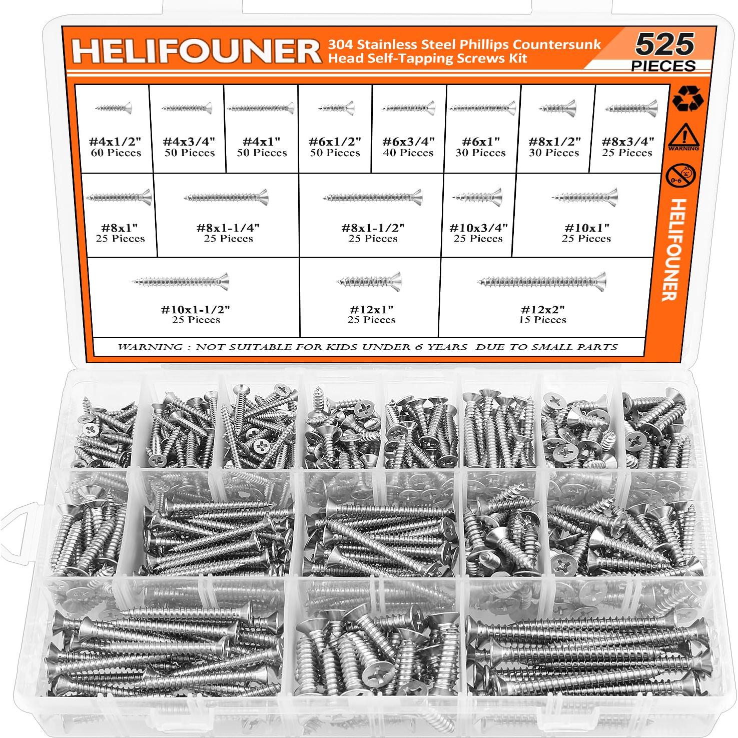 Set de 525 Tornillos de Madera HELIFOUNER Acero Inoxidable