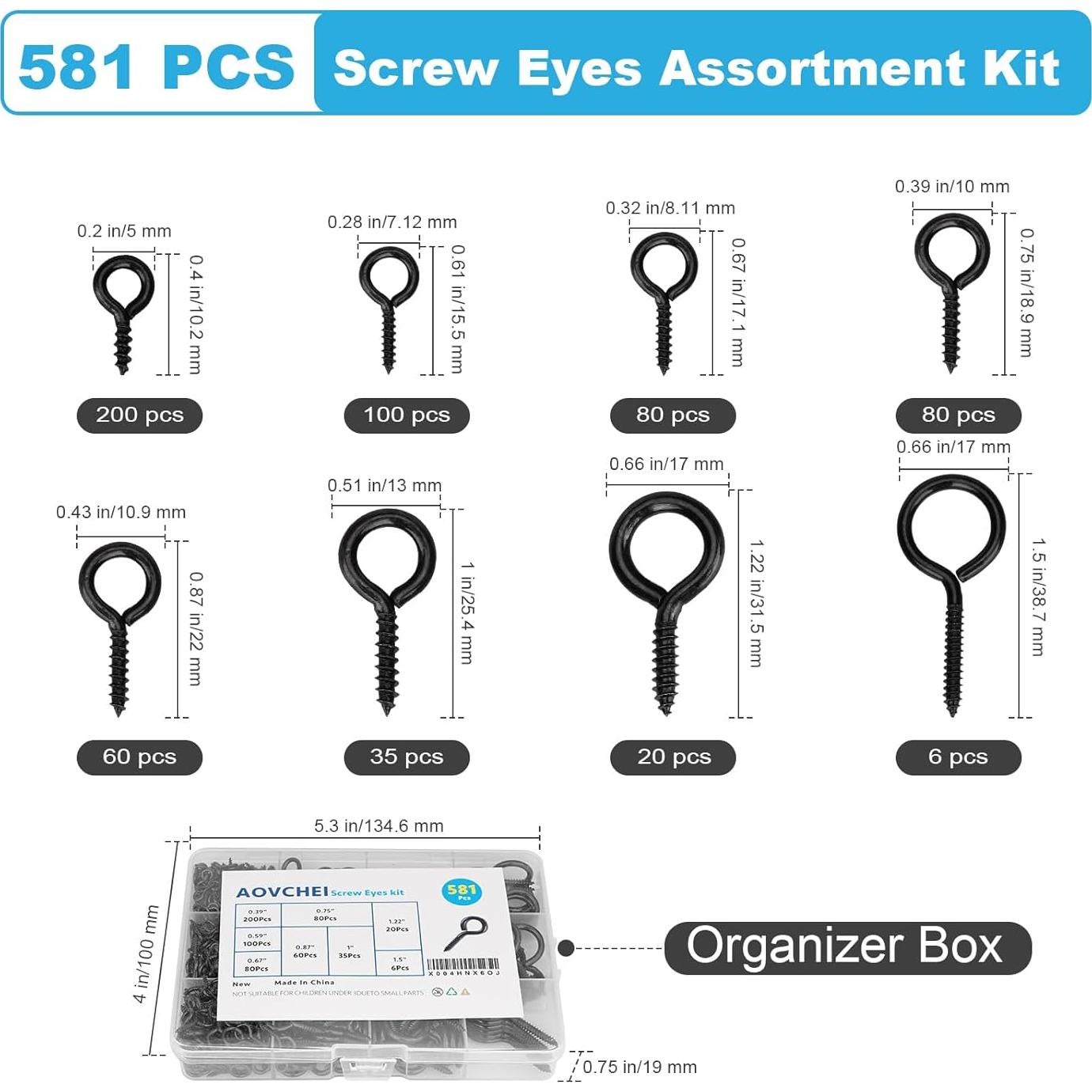 Juego de Tornillos Oculares Aovchei 581 Pcs Metal 0.99-3.81cm