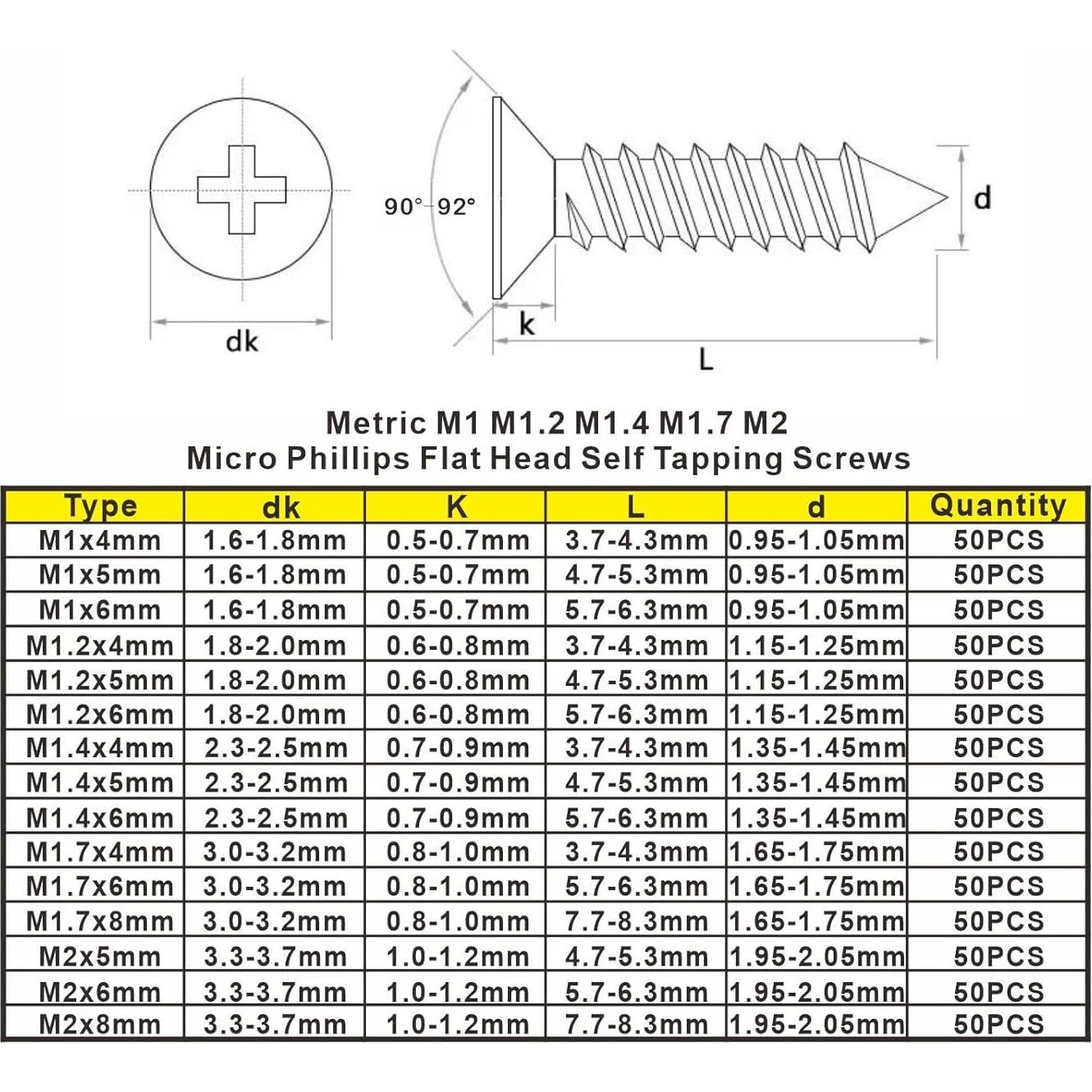 Kit de Tornillos Autoperforantes M1 M1.2 M1.4 M1.7 M2 Acero Inoxidable 750PCS