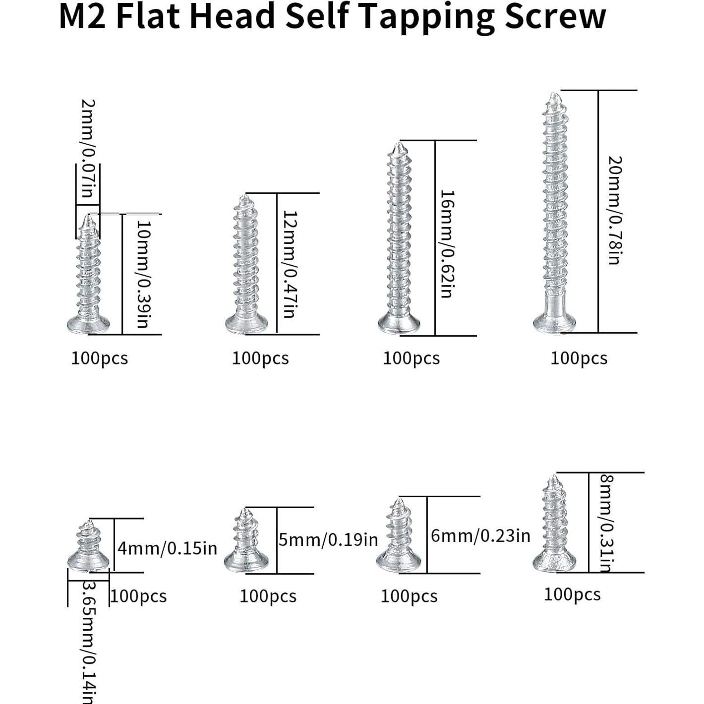 Kit de Tornillos Autoperforantes M2 - 800 Pcs en 8 Tamaños