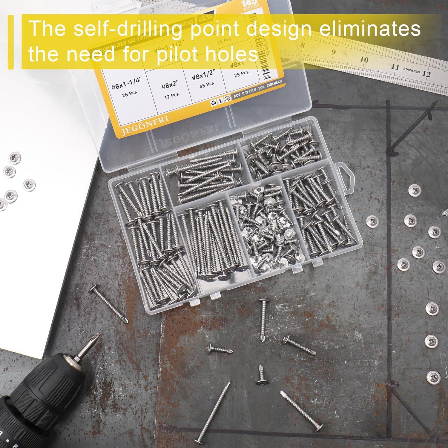 Kit de Tornillos Autoperforantes JEGONFRI 145 pcs Acero Inoxidable