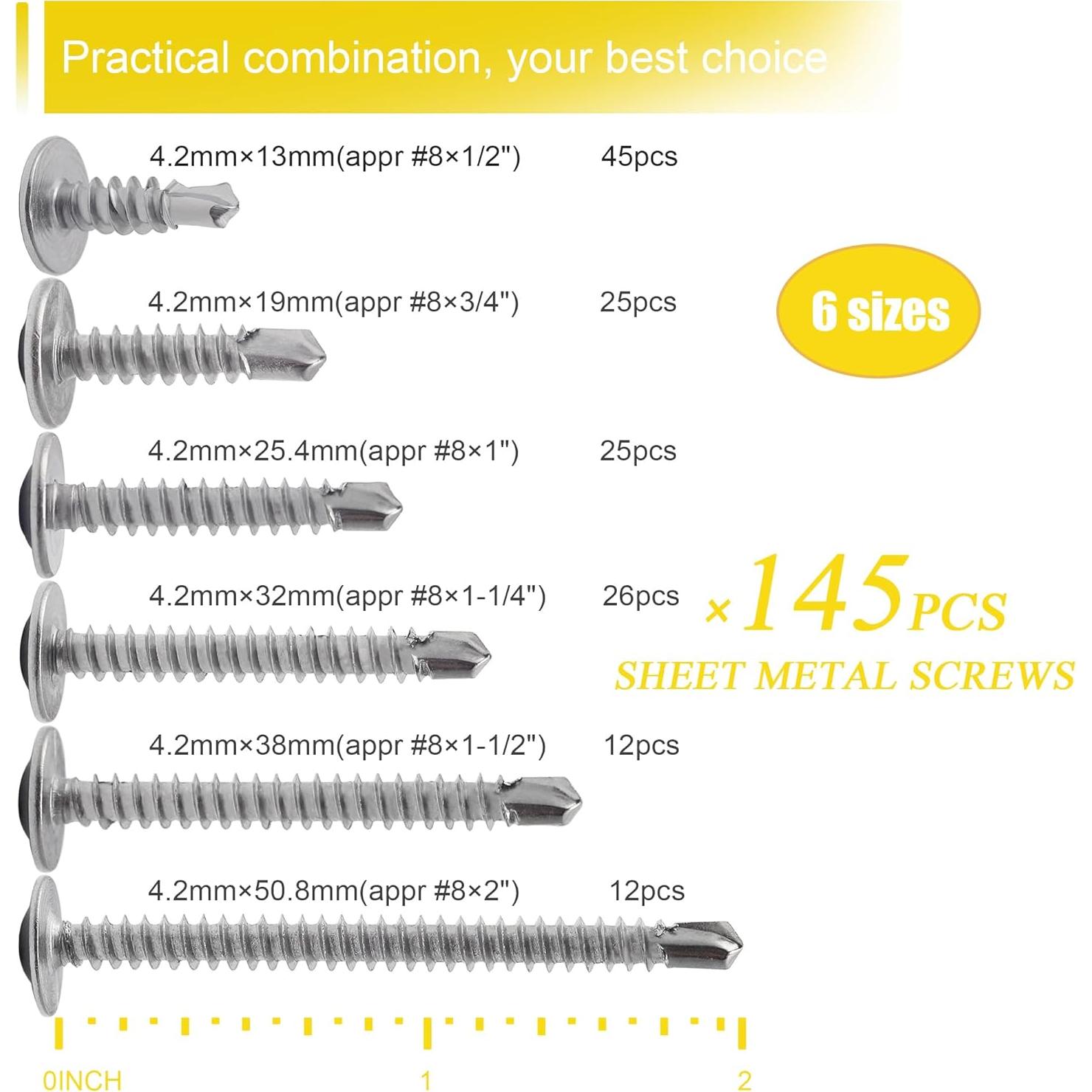 Kit de Tornillos Autoperforantes JEGONFRI 145 pcs Acero Inoxidable