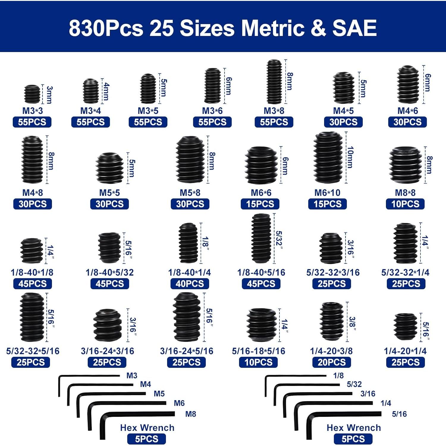 Kit de Tornillos Allen 830 Pcs Metrico + SAE Zuorery