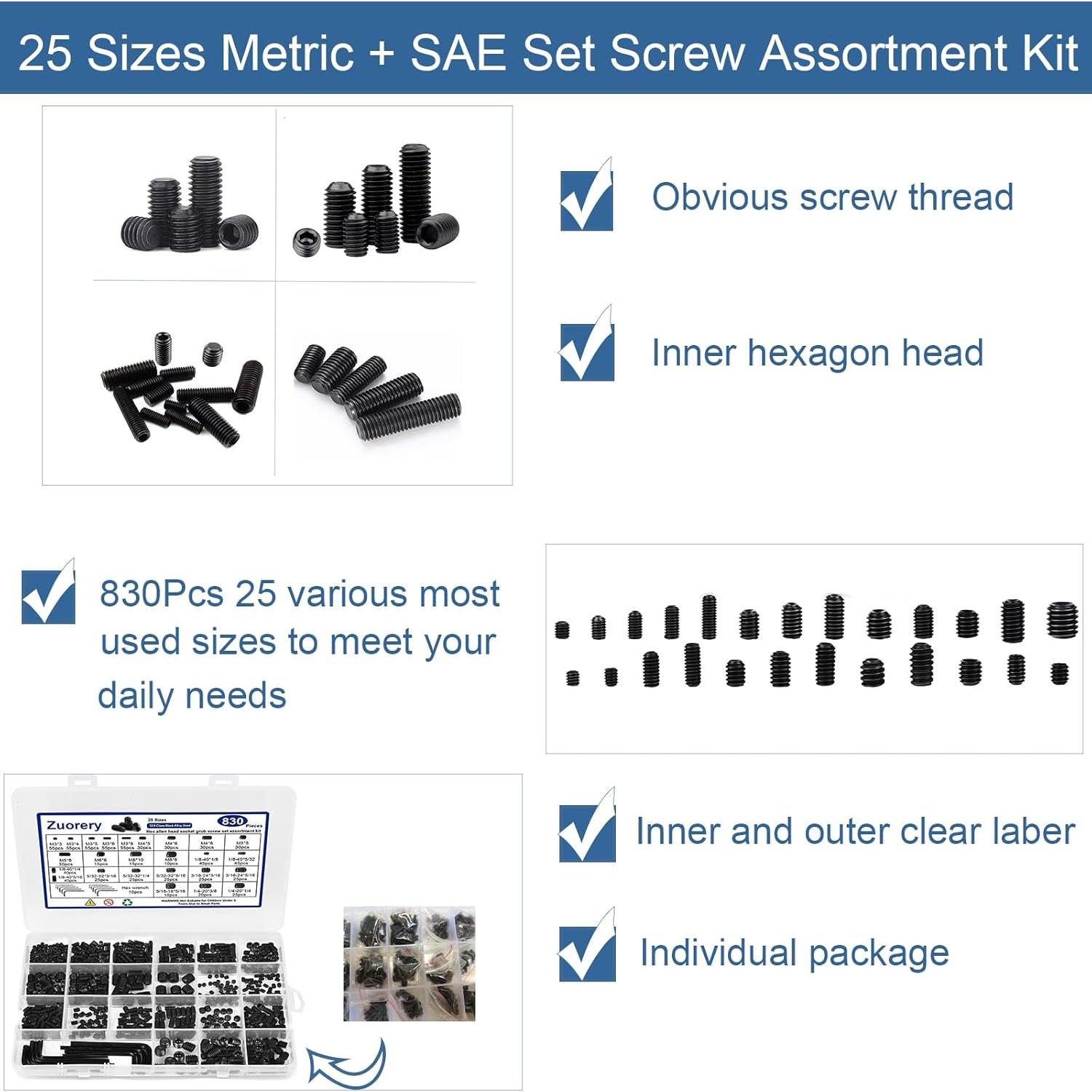 Kit de Tornillos Allen 830 Pcs Metrico + SAE Zuorery