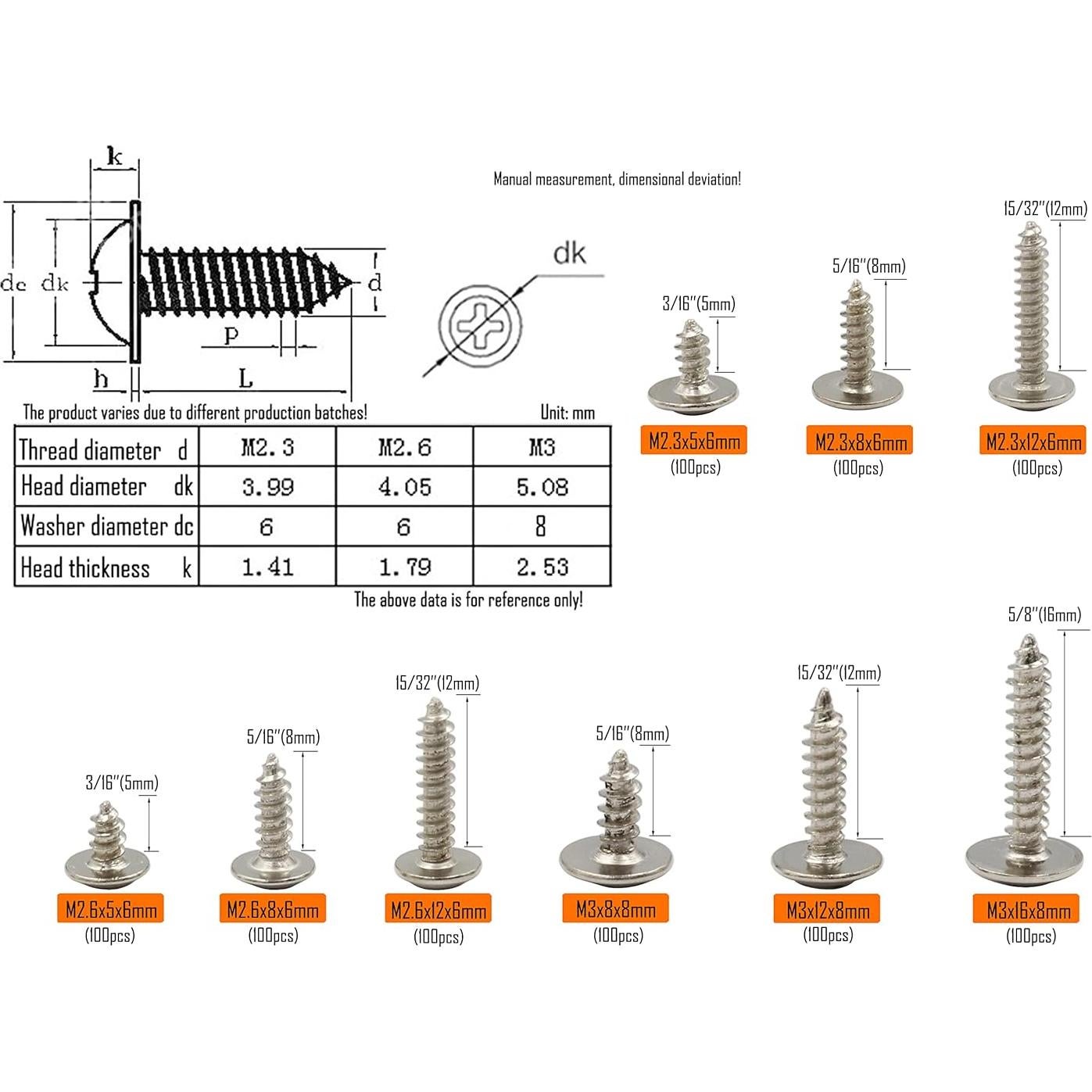 Kit de Tornillos Autoperforantes LBY 900pcs M2.3 M2.6 M3 Acero