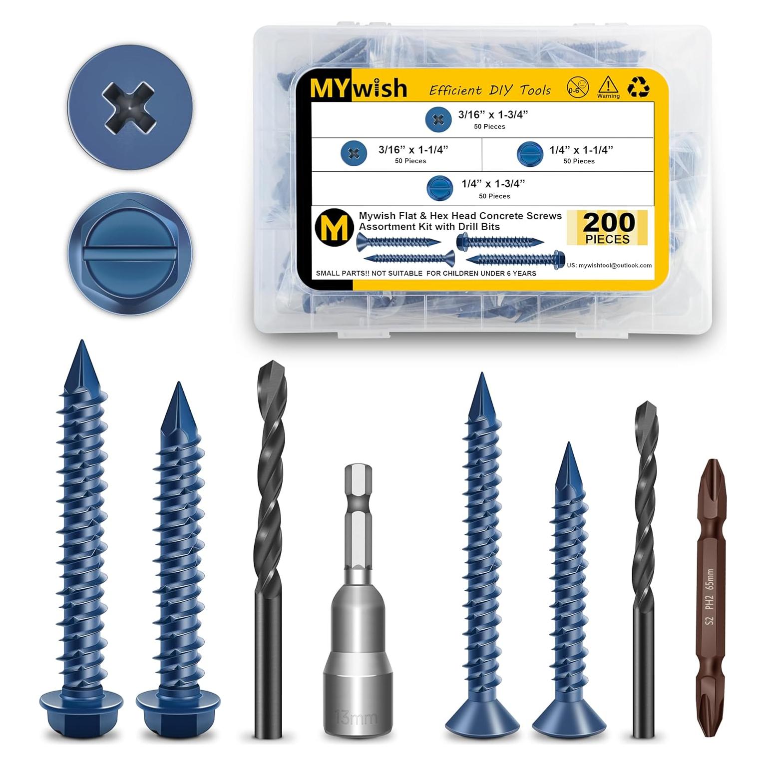 Kit de Tornillos de Concreto Mywish 200 Pcs Autoperforantes