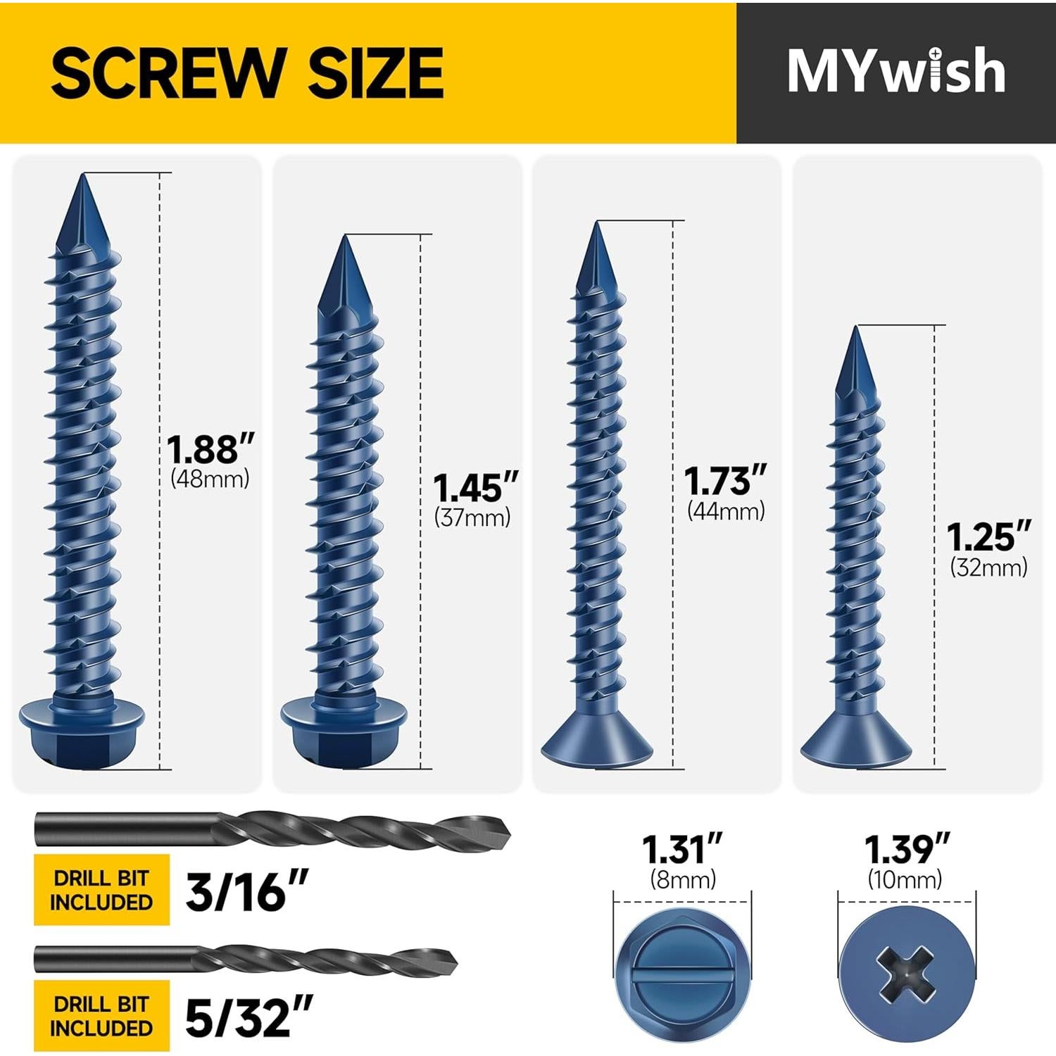 Kit de Tornillos de Concreto Mywish 200 Pcs Autoperforantes
