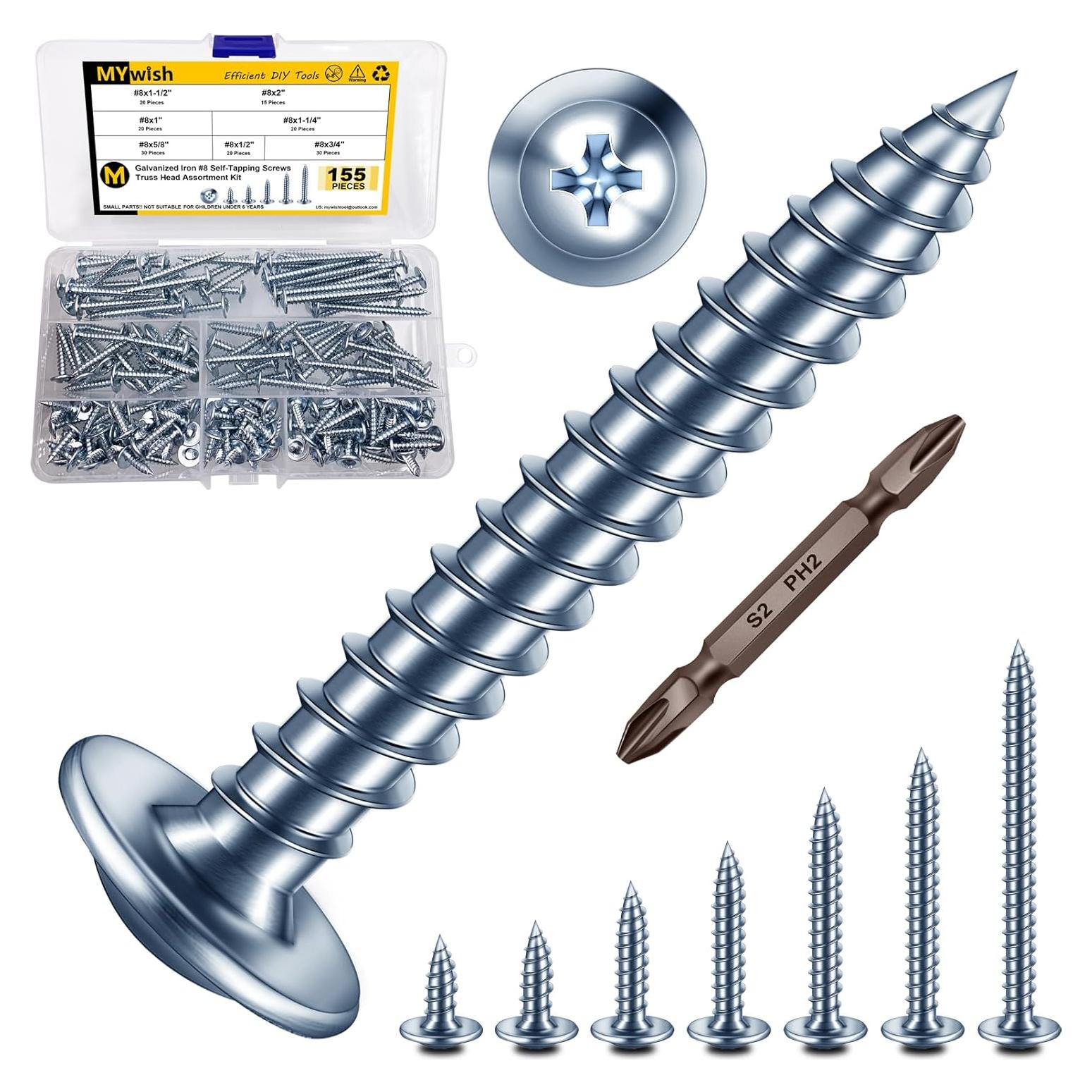 Kit de Tornillos de Cabeza Truss Mywish 155 Piezas #8 Acero Inoxidable