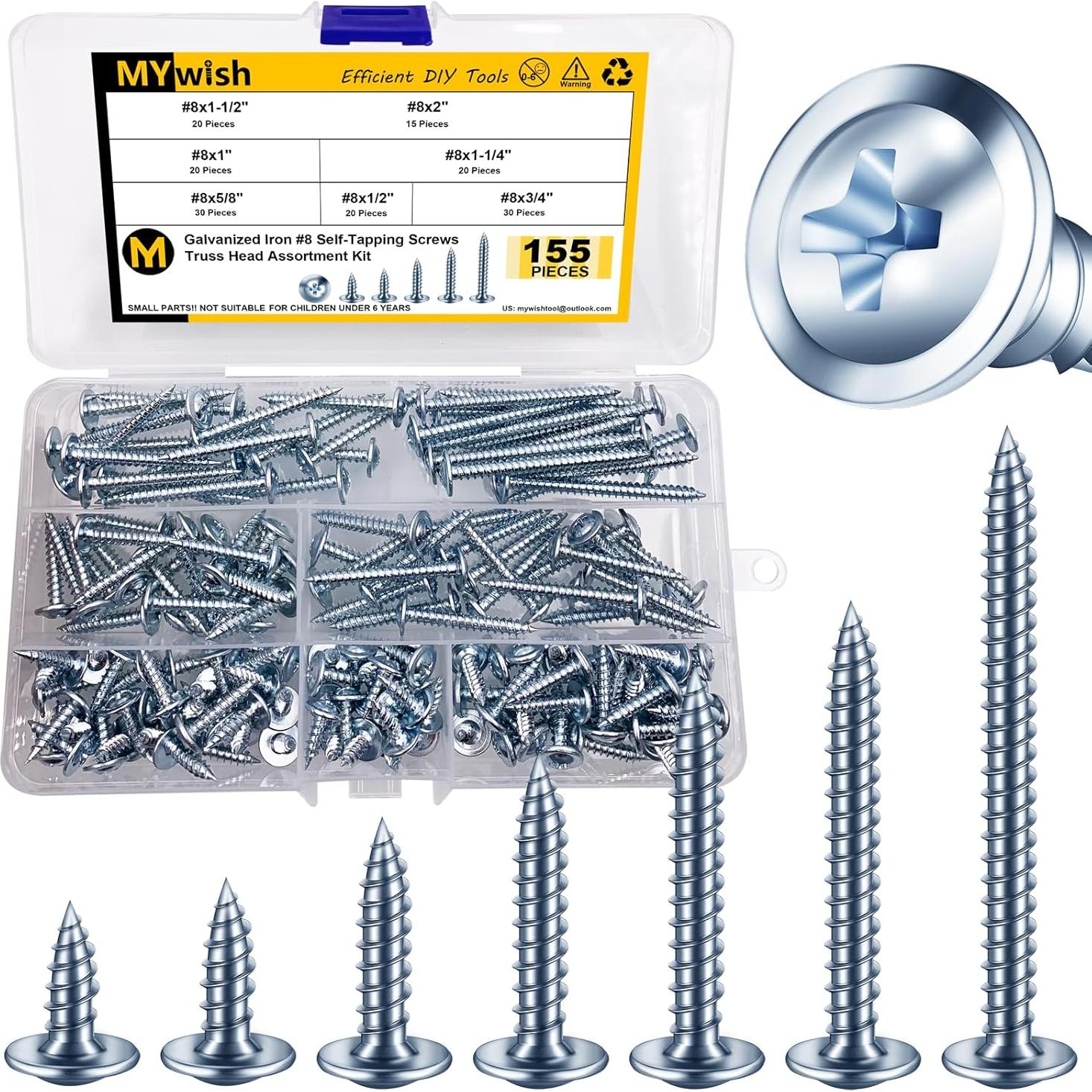 Kit de Tornillos de Cabeza Truss Mywish 155 Piezas #8 Acero Inoxidable