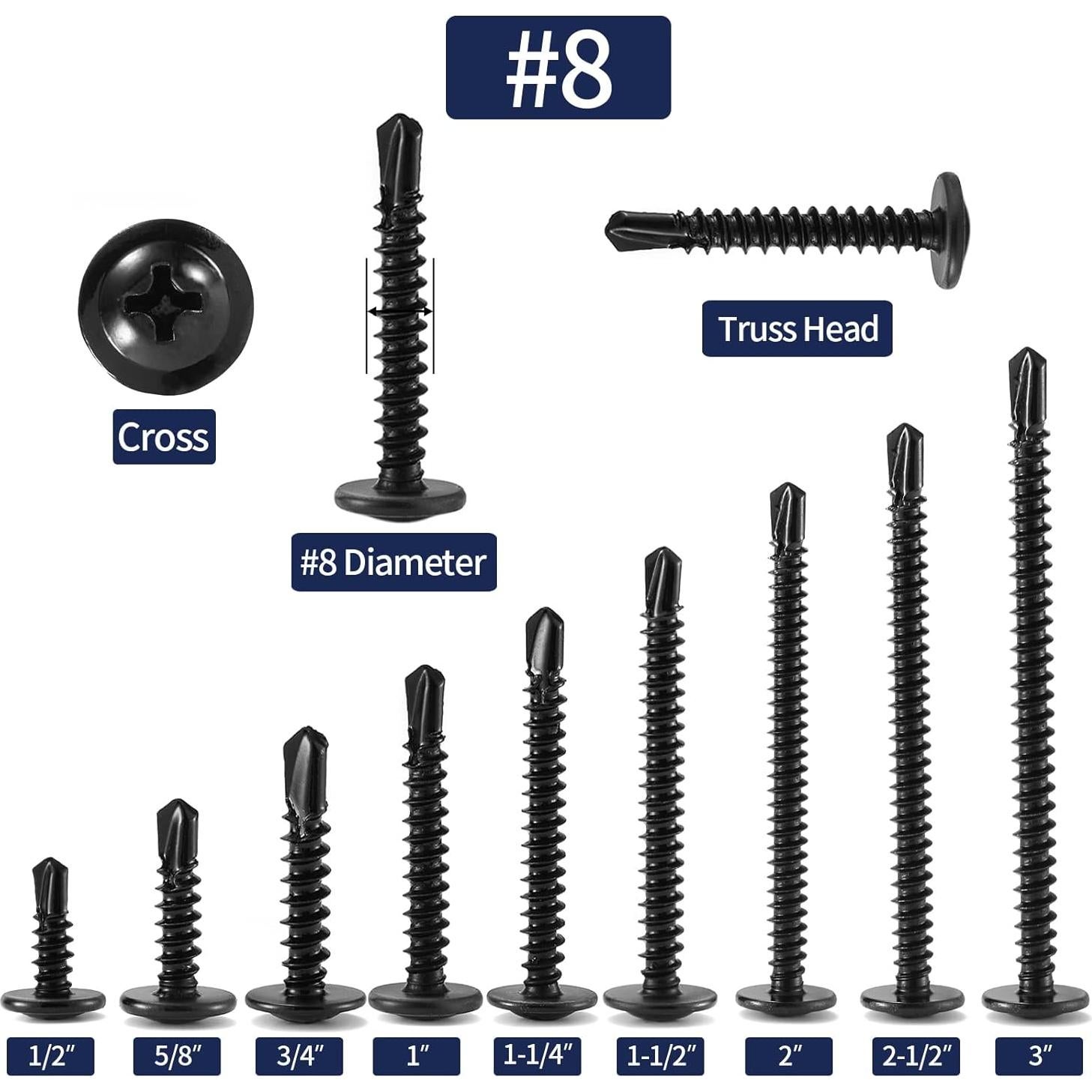 Tornillos Autoperforantes SG TZH #8 x 2.54 cm 500PCS Acero Inoxidable Negro