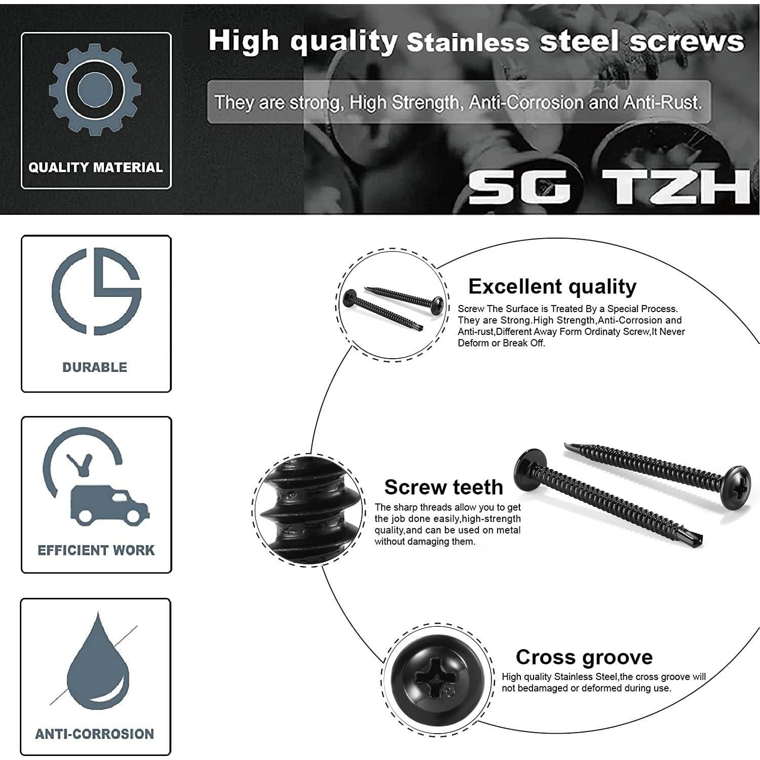 Tornillos Autoperforantes SG TZH #8 x 2.54 cm 500PCS Acero Inoxidable Negro