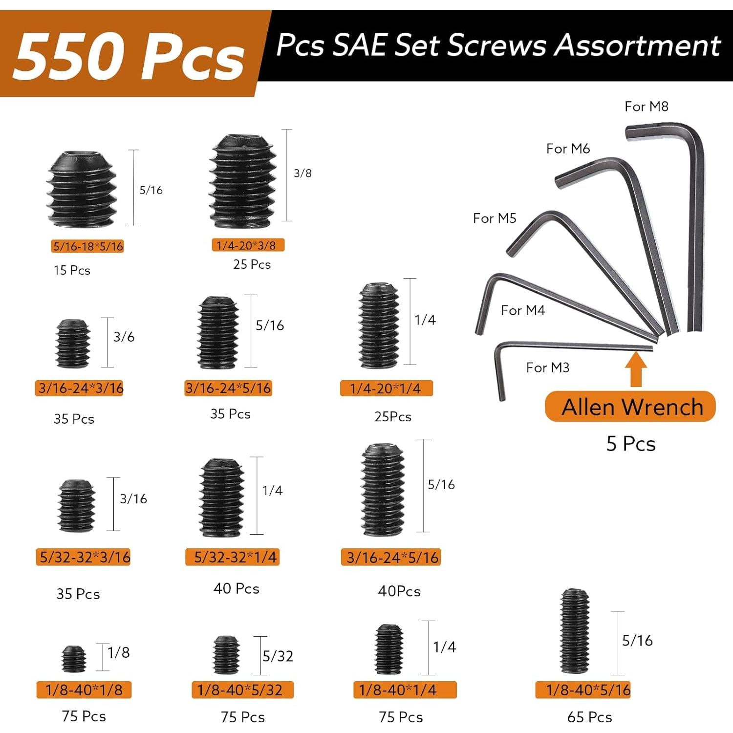 Kit de Tornillos de Fijación 1400 Piezas Hapric Métrico y SAE