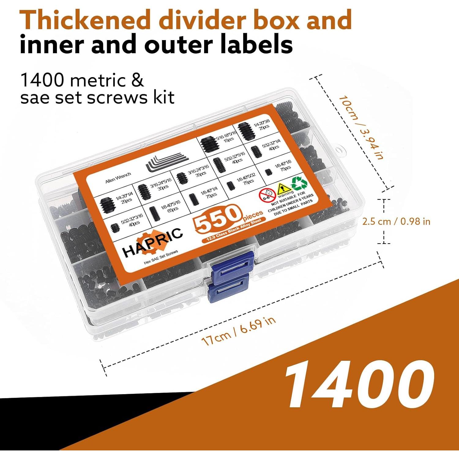 Kit de Tornillos de Fijación 1400 Piezas Hapric Métrico y SAE