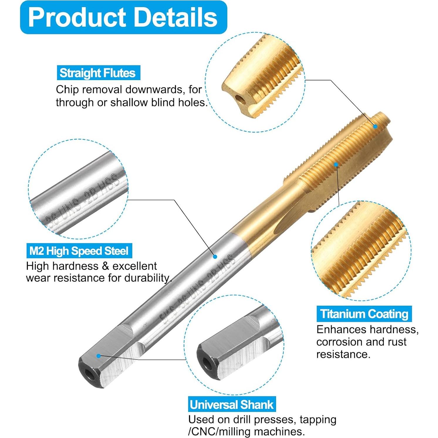 Juego de Brocas y Machos uxcell HSS-6542 Titanio 5/16-36 UNS