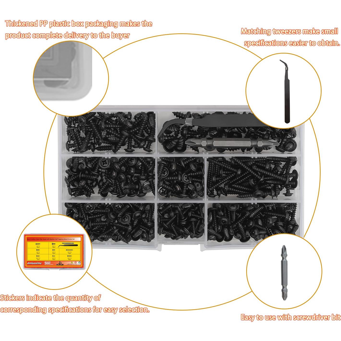 Kit de 400 Tornillos Autoperforantes Acero Carbono M3 M3.5 M4 M5