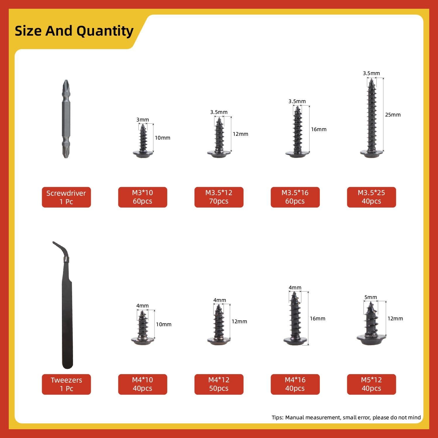 Kit de 400 Tornillos Autoperforantes Acero Carbono M3 M3.5 M4 M5