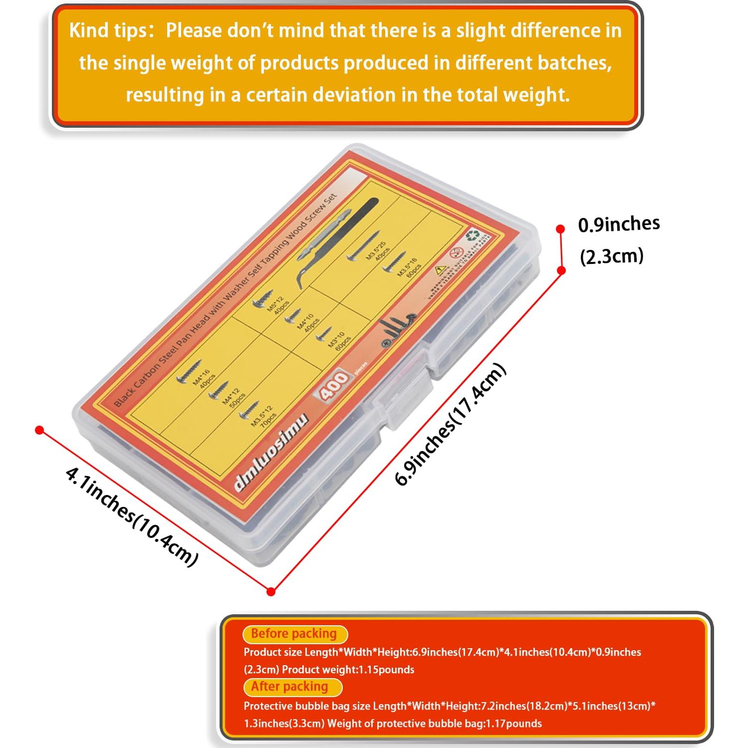 Kit de 400 Tornillos Autoperforantes Acero Carbono M3 M3.5 M4 M5