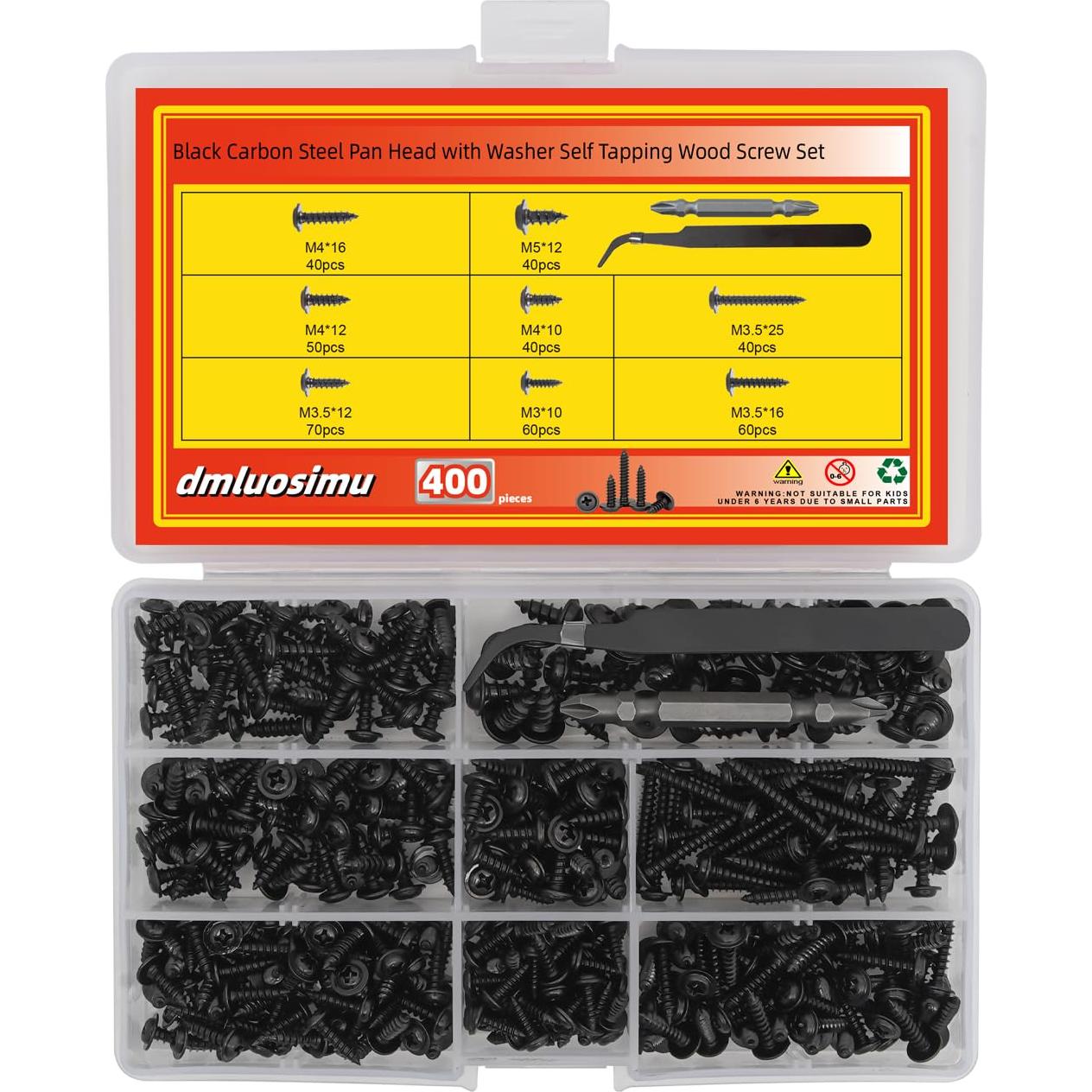 Kit de 400 Tornillos Autoperforantes Acero Carbono M3 M3.5 M4 M5