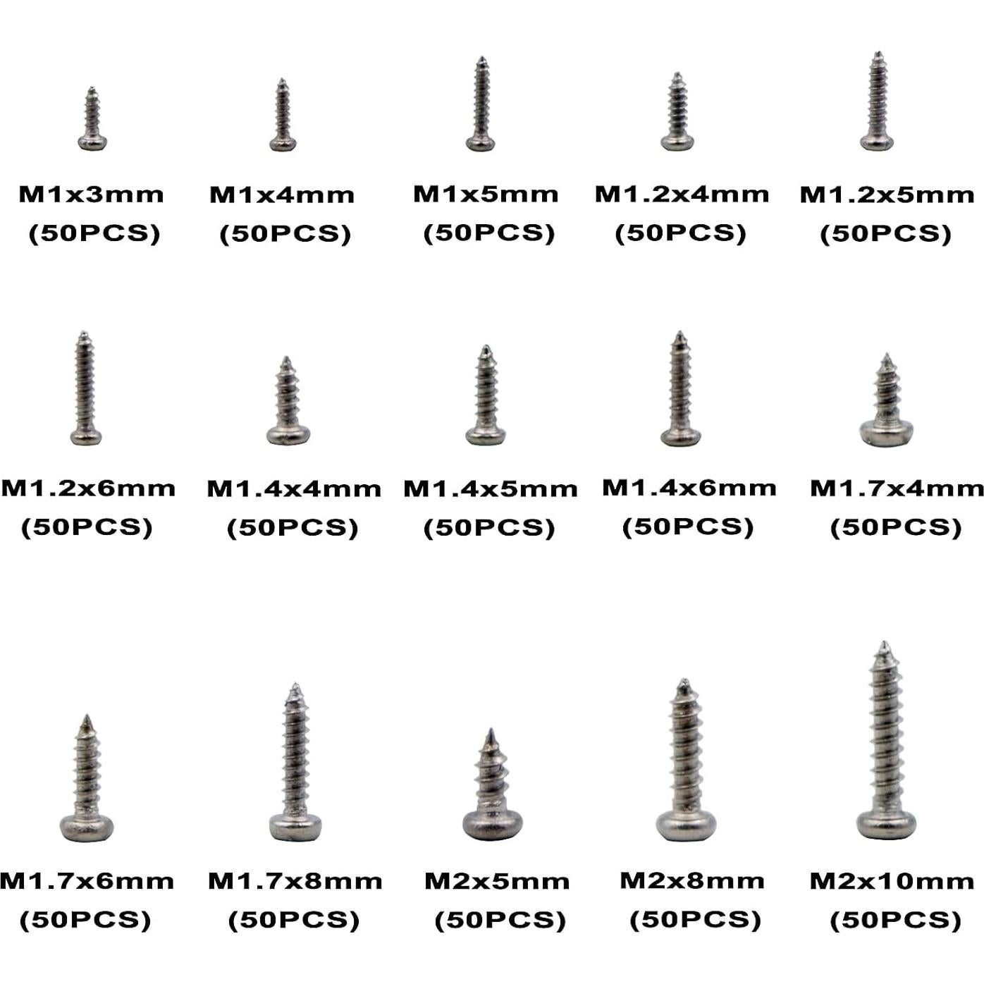 Kit de Tornillos Autorroscantes Phillips M1 M1.2 M1.4 M1.7 M2 - 750 Piezas Acero Inoxidable