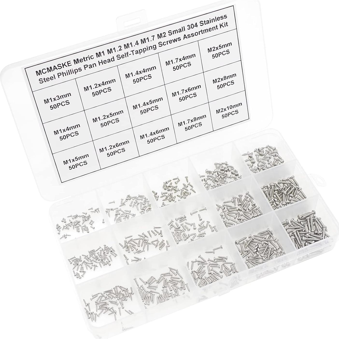 Kit de Tornillos Autorroscantes Phillips M1 M1.2 M1.4 M1.7 M2 - 750 Piezas Acero Inoxidable