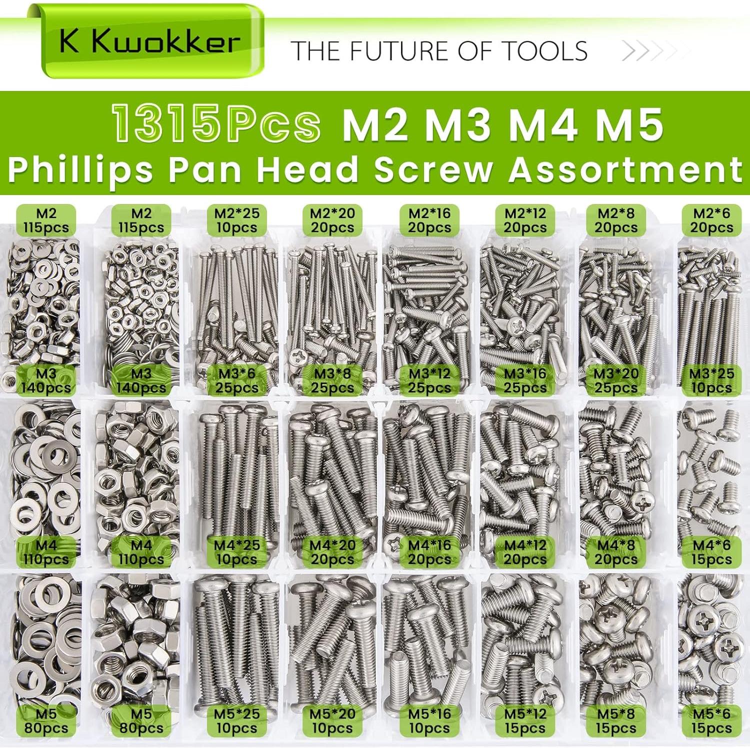 Kit de Tornillos y Tuercas K Kwokker 1315Pcs M2 M3 M4 M5