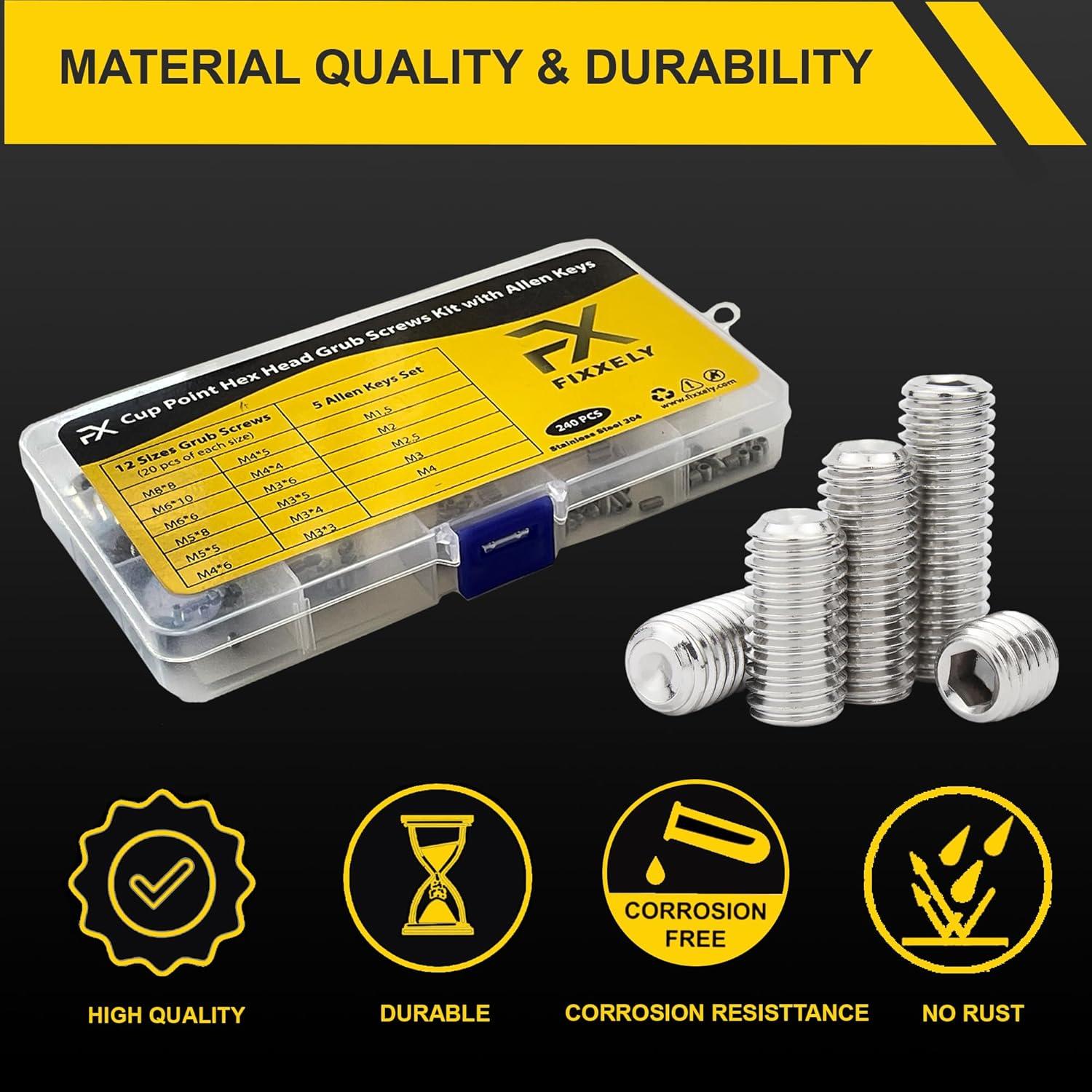 Kit de Tornillos de Presión Métricos FIXXELY 240 Pcs Acero Inoxidable