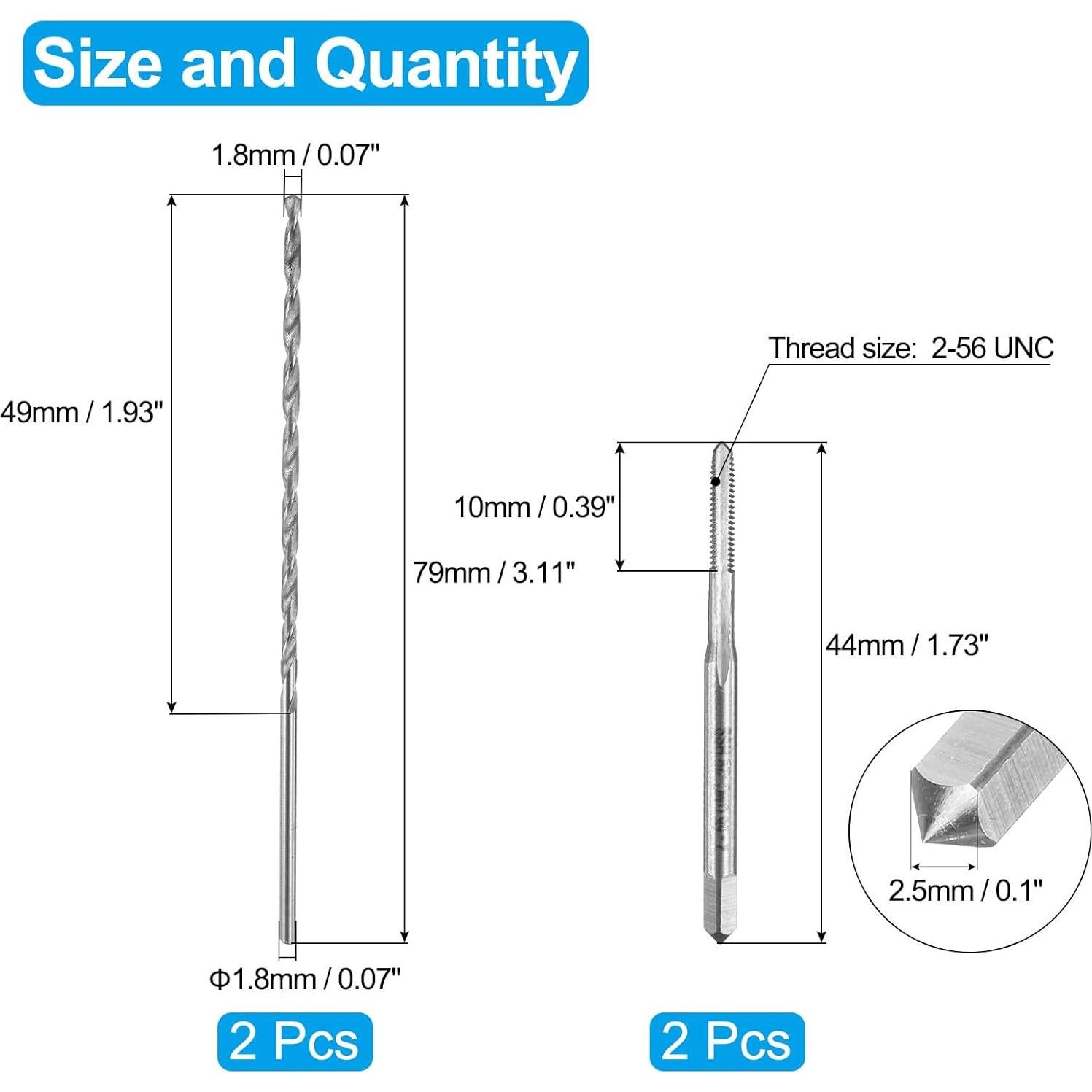 Juego de Brocas y Machos uxcell HSS-6542 2-56 UNC y 1.8mm
