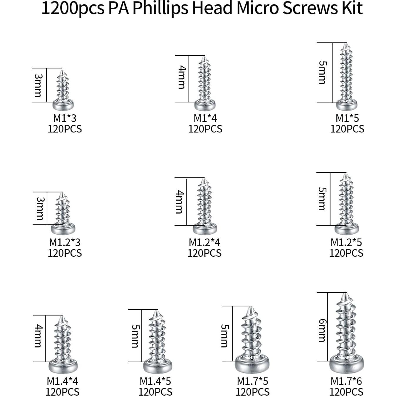 Kit de Tornillos Mini 1200 Pcs Niquelado M1/M1.2/M1.4/M1.7