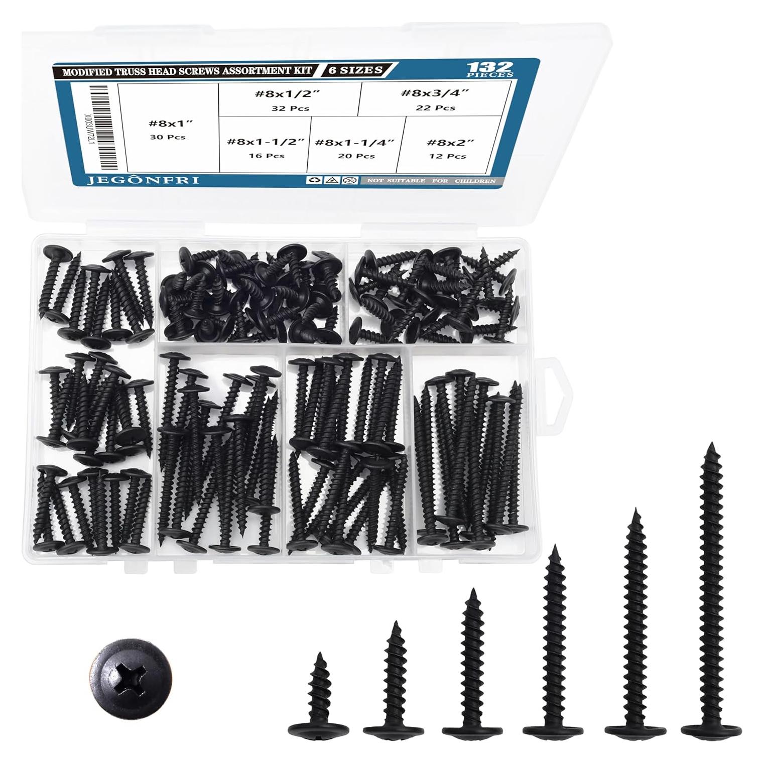 Kit de Tornillos de Madera JEGONFRI 132 pcs Negro 6 Tamaños