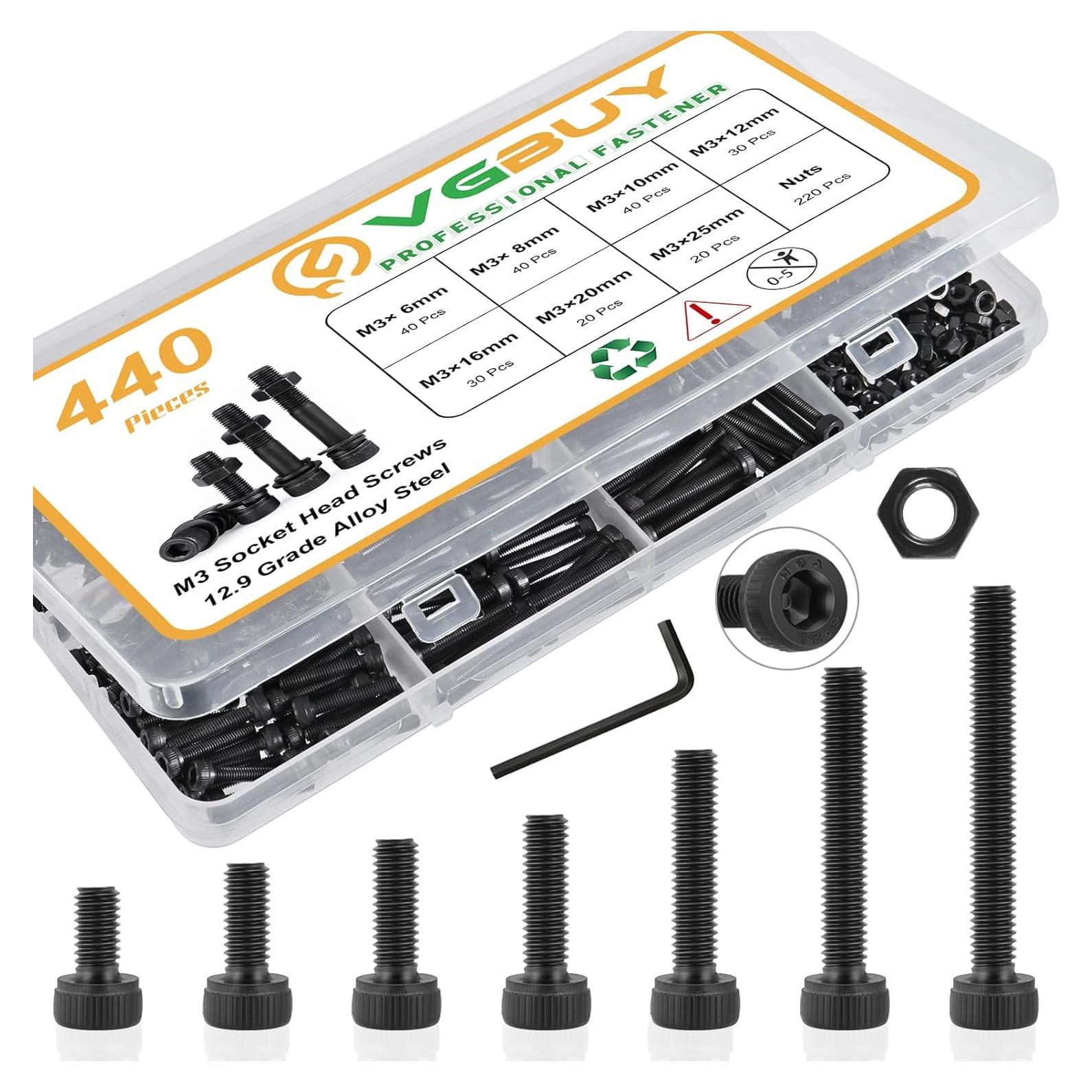 Kit de Tornillos M3 VGBUY 440 Pcs Acero Aleado 12.9 Hexagonal