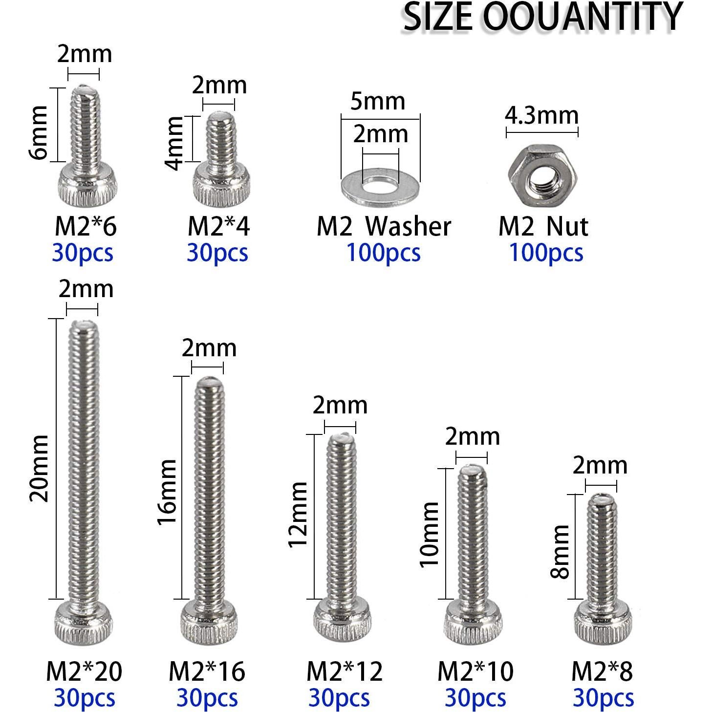Kit 410 Pcs Tornillos de Cabeza Hexagonal M2 Acero Inoxidable 304