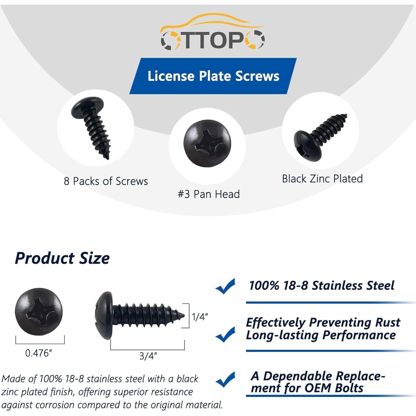 Tornillos de Placa de Licencia OTTOPO Acero Inoxidable 8 Piezas