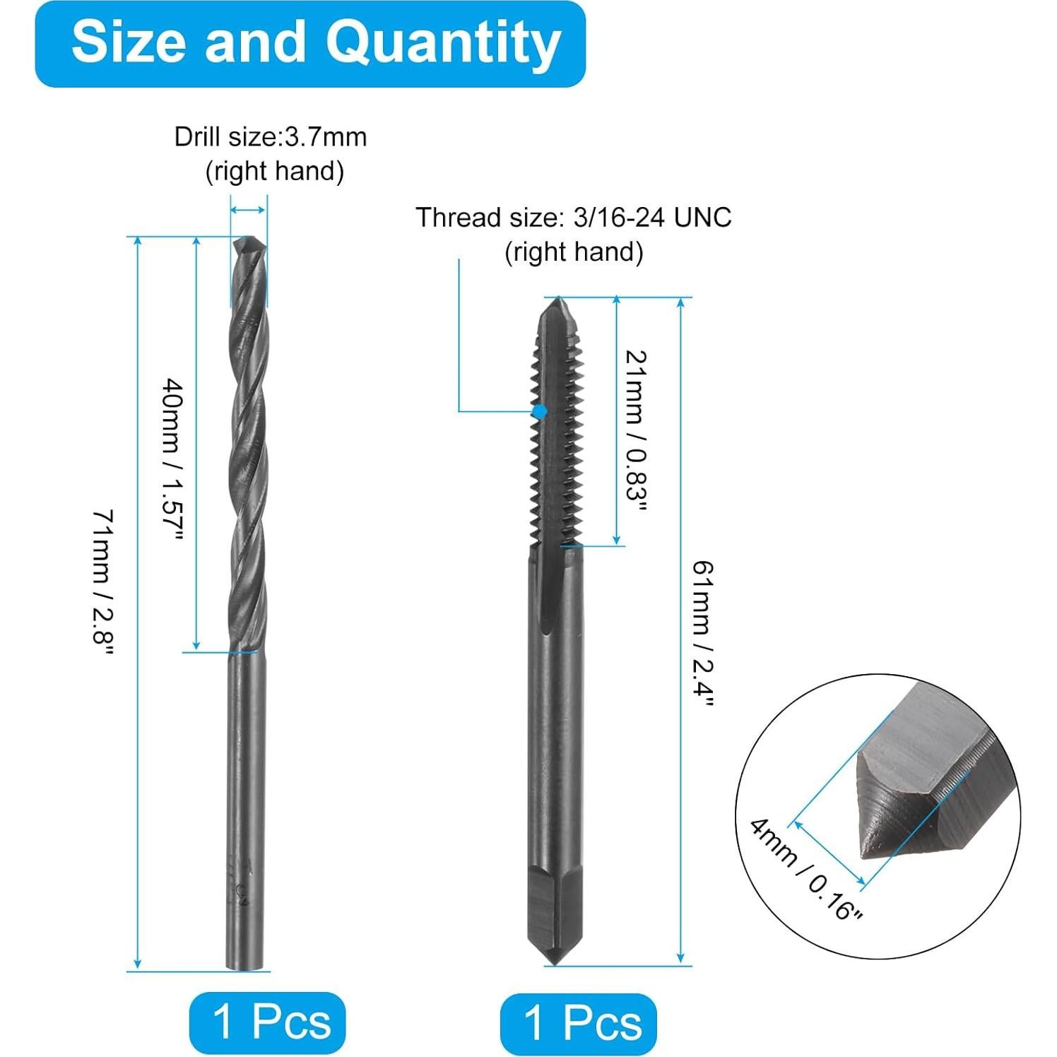 uxcell Tap and Drill Bit Set, 1pcs 3/16-24 UNC Straight Flute Thread Screw Taps & 1pcs 3.7mm Twist Drill Bits, Black Oxide HSS-6542 Tapping Threading Tool Kit
