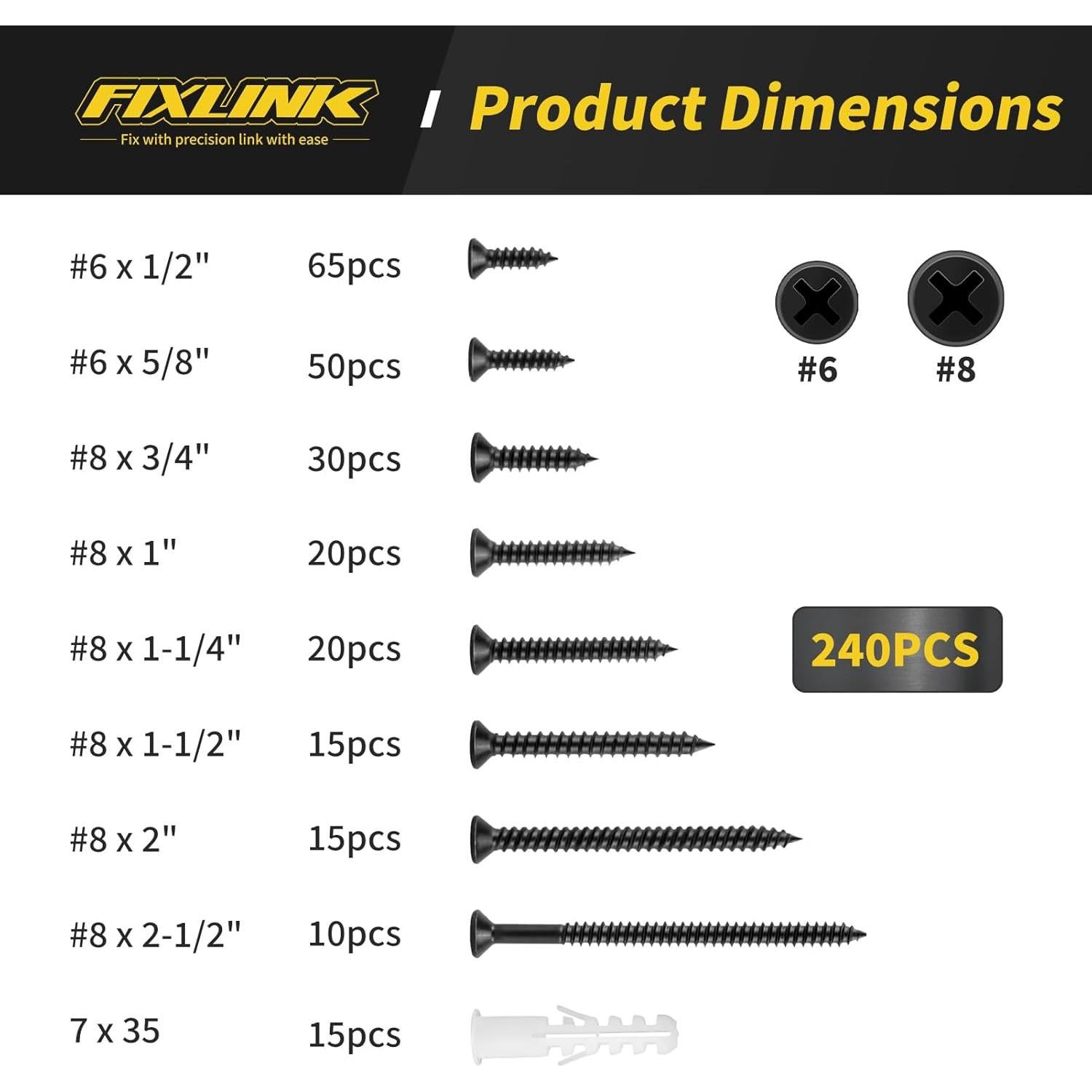 Kit de Tornillos de Madera FIXLINK 240 PCS, 8 Tamaños, Negro