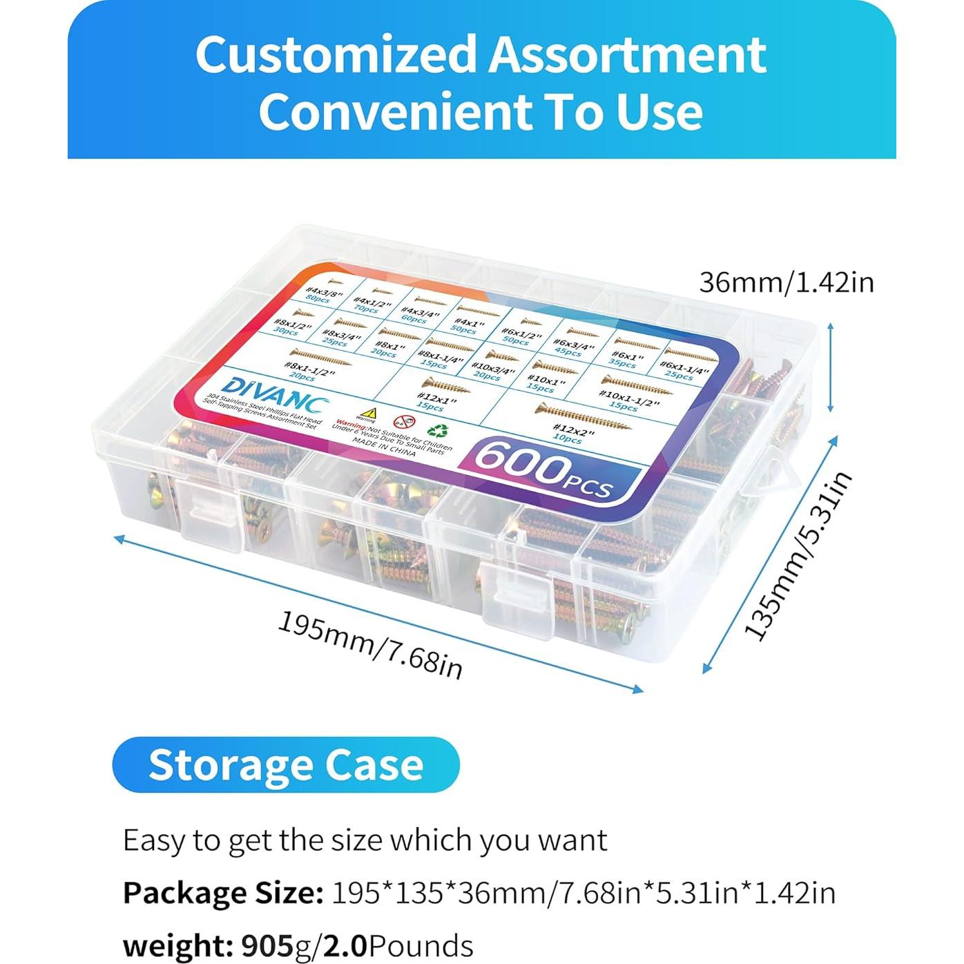 Kit de Tornillos de Madera DIVANC 600 Pcs Acero Inoxidable