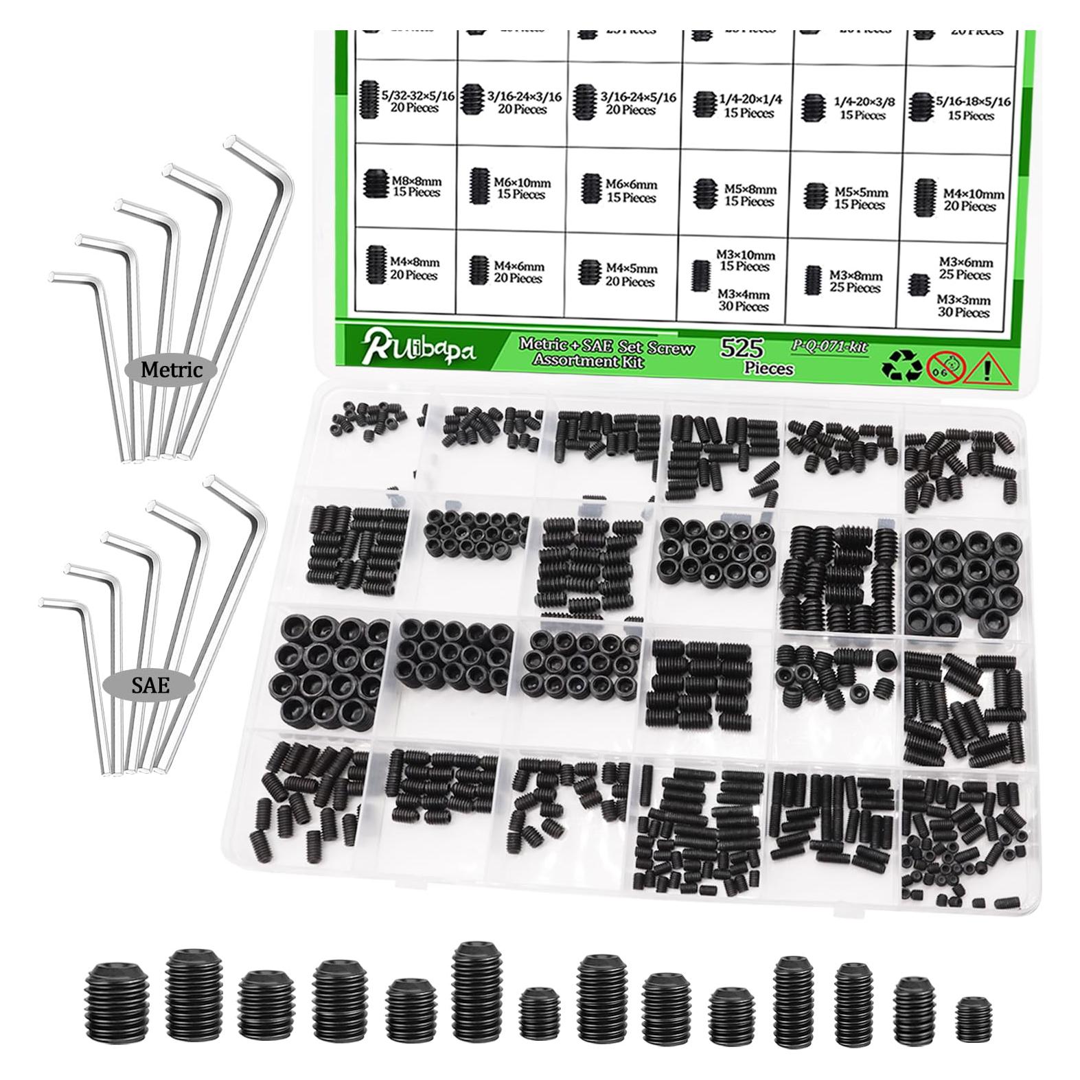 535 PCS Set Screw Assortment Kit Metric + SAE 26 Size 12.9 Class Alloy Steel Grub Screw Internal Hex Drive Cup-Point Allen Screws Set M3 to M8 and 1/8-40 to 5/16-18