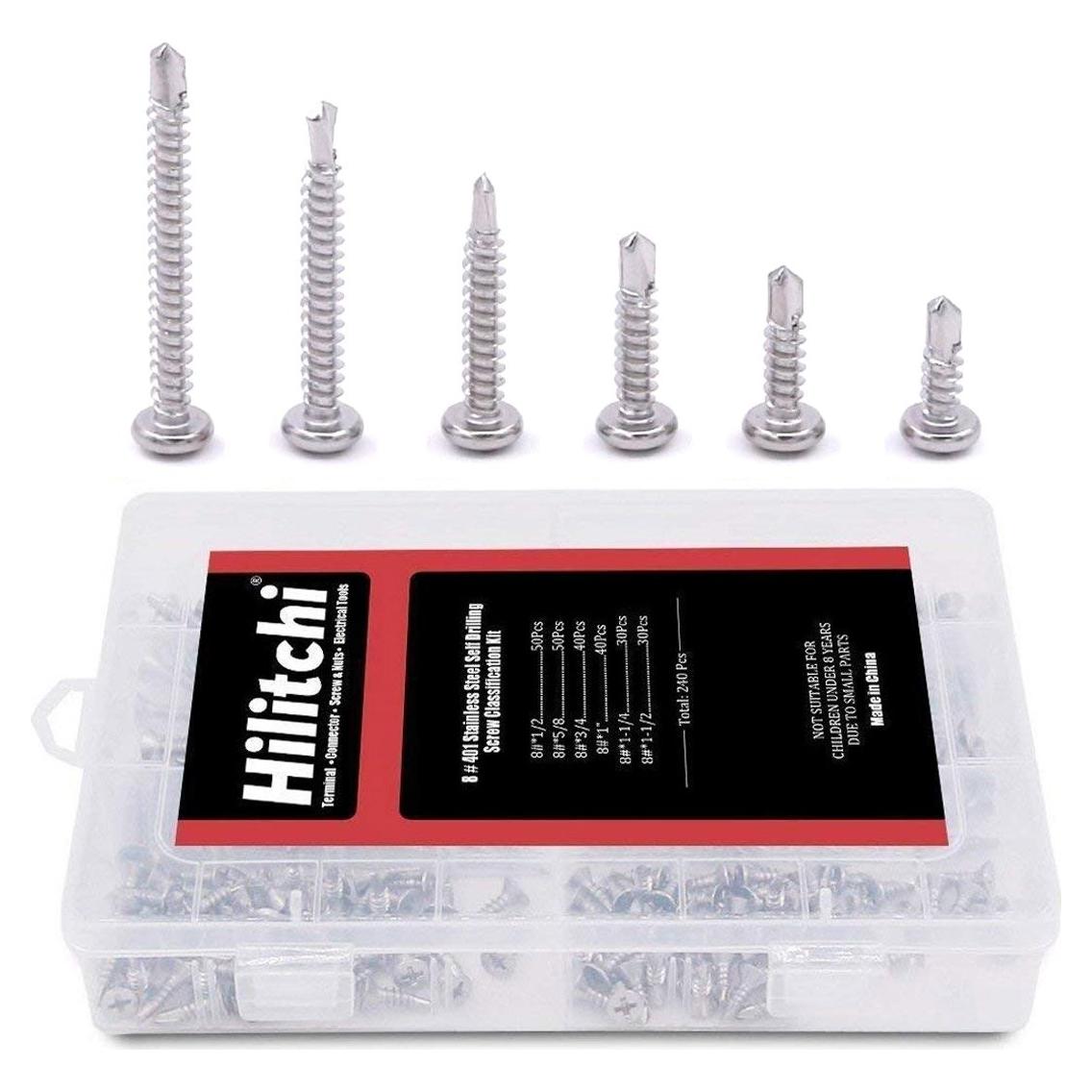 Kit de Tornillos Autoperforantes Hilitchi Acero Inoxidable 410 240 Piezas