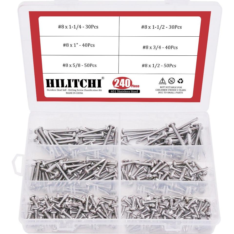 Kit de Tornillos Autoperforantes Hilitchi Acero Inoxidable 410 240 Piezas