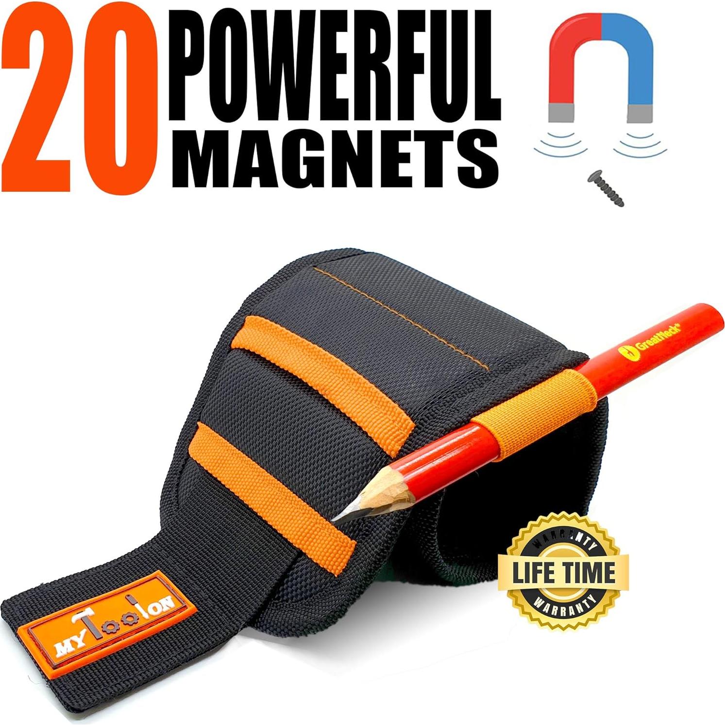 Pulsera Magnética MYTOOLON con 20 Imanes y 2 Bolsillos - Negro
